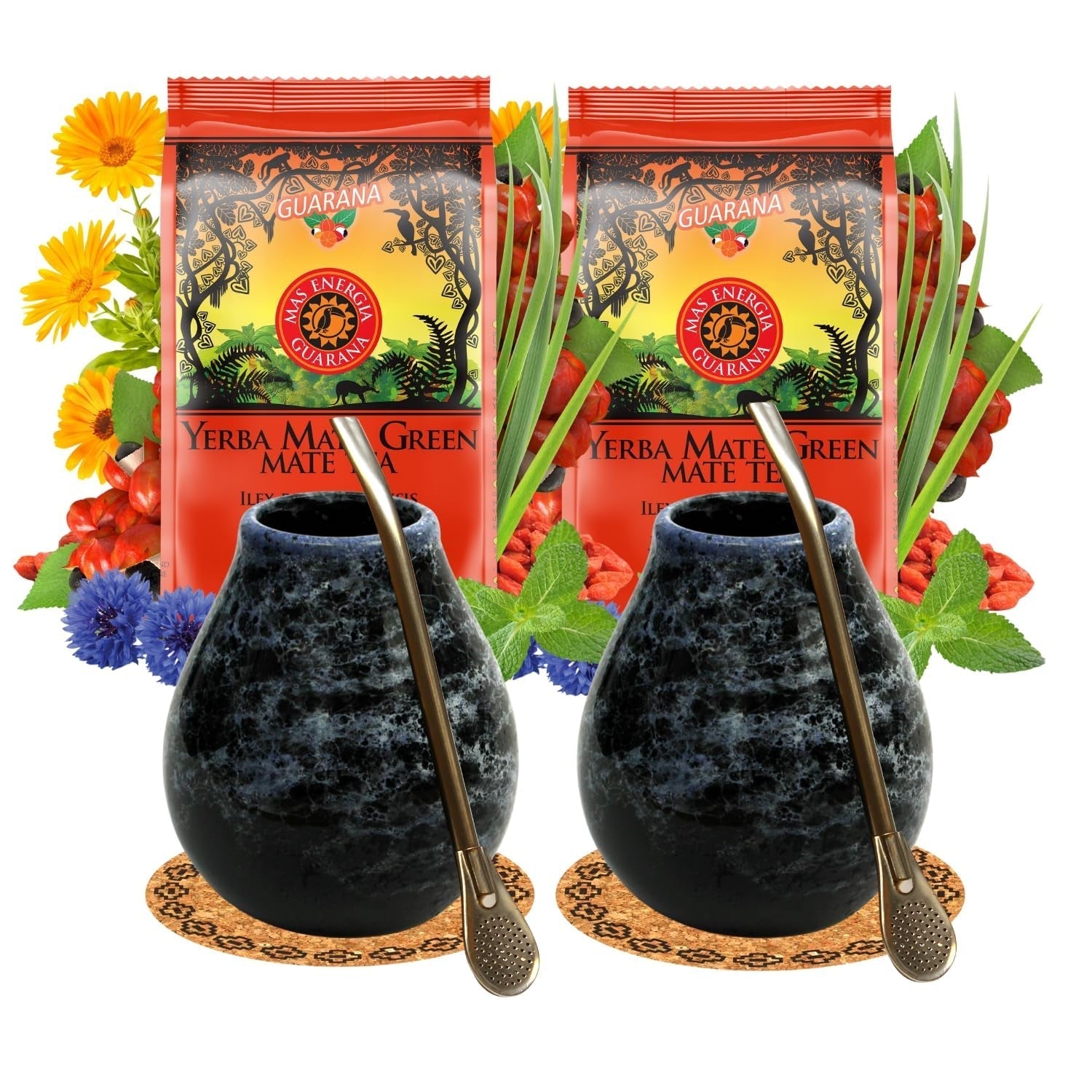 Set da tè Yerba Mate per 2 persone – Mas Energia Guarana 400 g – Tazza in ceramica Marmol Blue 350 ml – Bombilla in acciaio inossidabile 19 cm – Tè sfuso 2 x 200 g