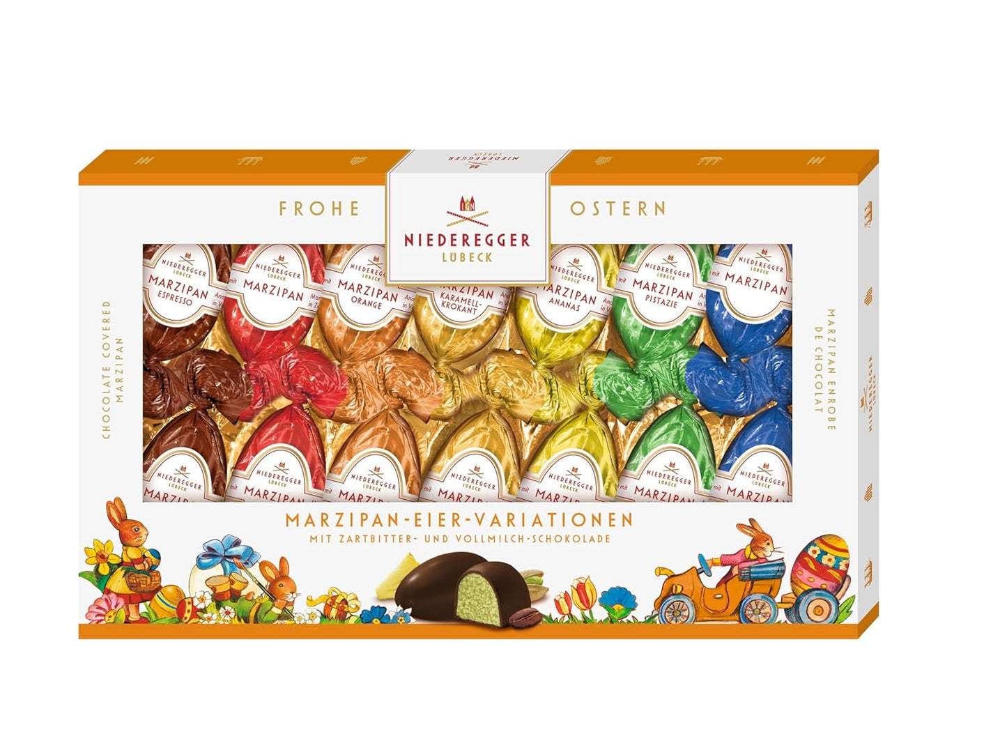 Niederegger | Uova di marzapane | 1x175 g | Varianti: Classico, Cioccolato al Latte, Arancia, Caramello Crunch, Ananas, Espresso e Pistacchio | Ricoperto di cioccolato fondente e al latte | Regalo di Pasqua