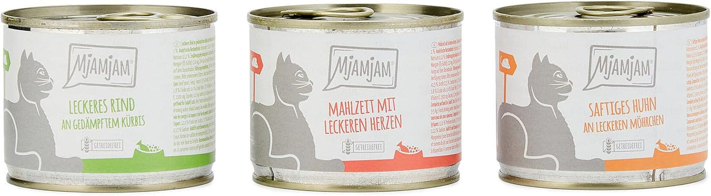 MjAMjAM - Cibo umido premium per gatti - Confezione mista I - Confezione da 6 pollo, manzo, cuori (6 x 200 g), senza cereali con carne extra