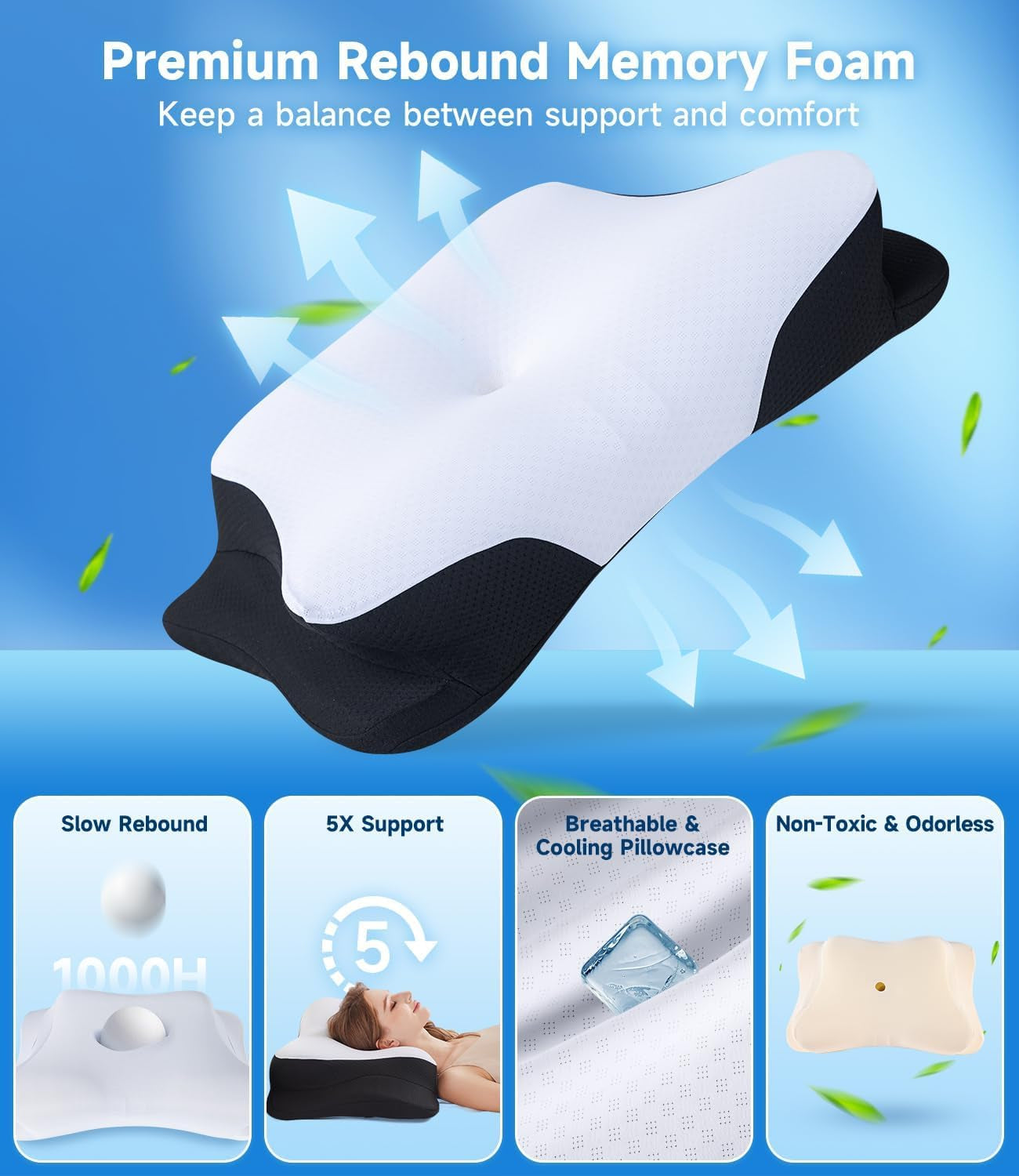 SUPA MODERN Cuscino in Memory Foam Cuscino rinfrescante per chi dorme sul fianco 60X40 Cuscino ortopedico per la parte posteriore dello stomaco, per alleviare il dolore al collo, Cuscini cervicali ortopedici Naty Shop