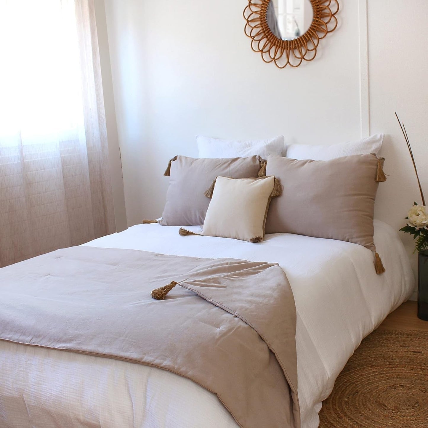 Coperta Enjoy Home, Beige, Naturale, Con 4 Pompon In Iuta, 90 X 190 Cm, 100% Cotone, Certificato Oeko-Tex, Collezione Panama Naty Shop Coperte e Trapunte