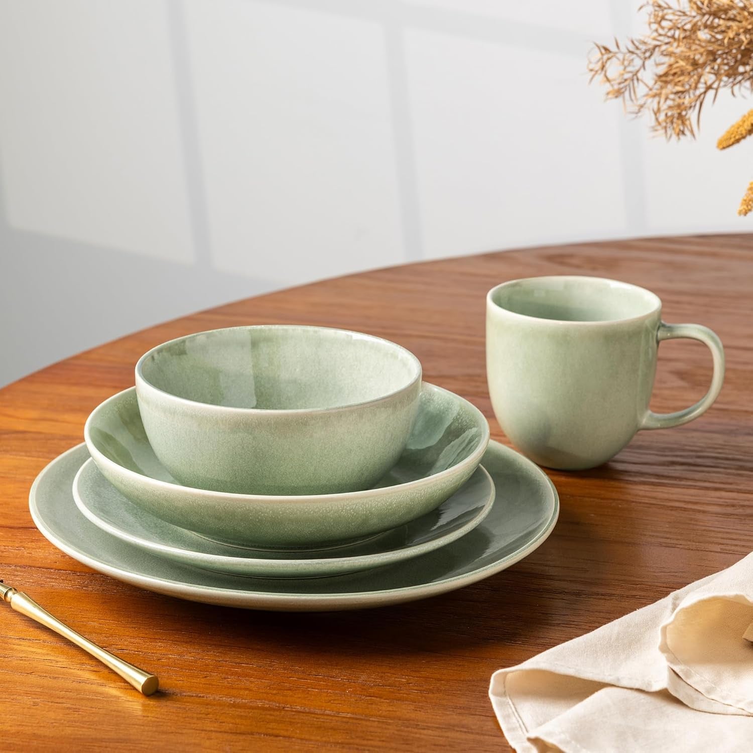 GBHOME Set di stoviglie in ceramica per 6 persone, set di piatti e ciotole dipinti a mano da 24 pezzi, gres antigraffio, lavabile in lavastoviglie e adatto al microonde