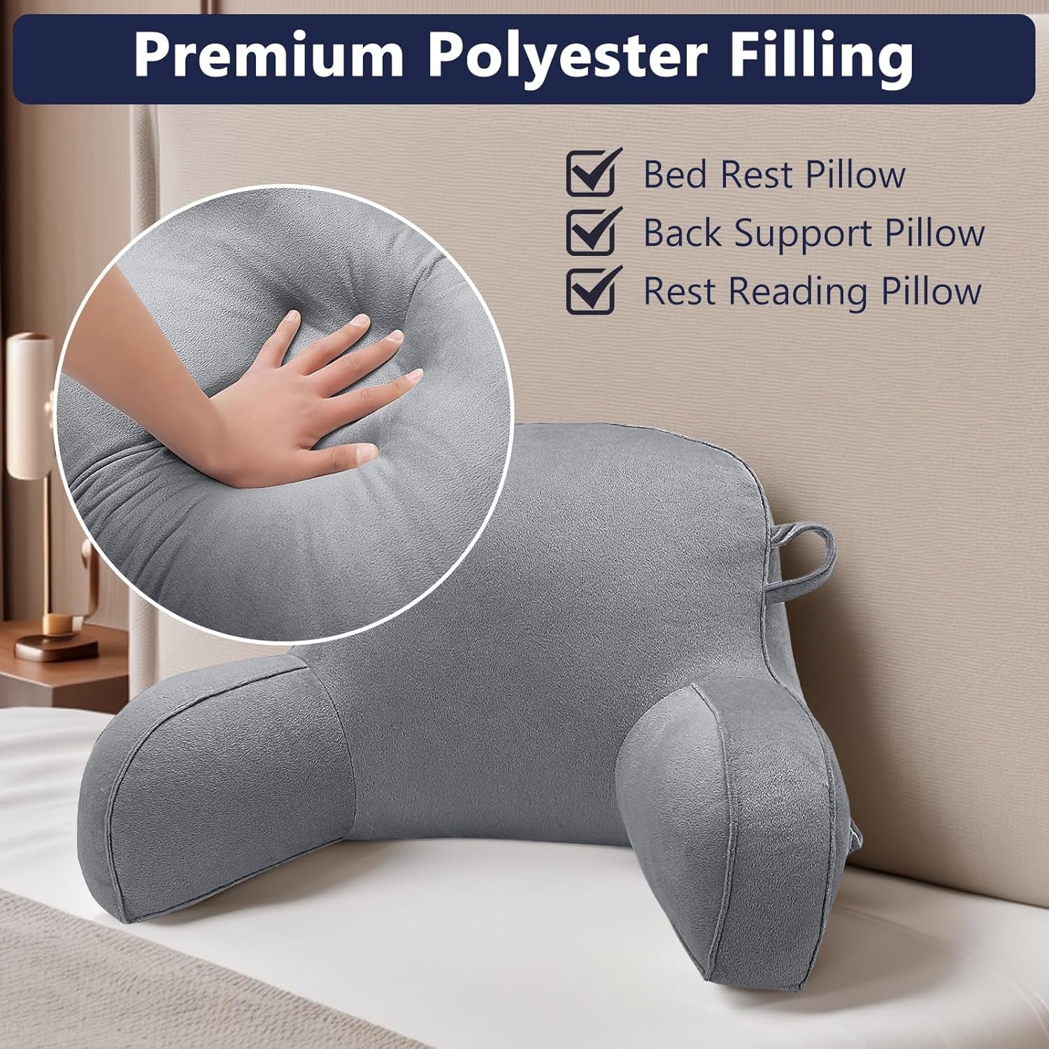 Cuscino per la lettura, Cuscino per il riposo a letto per adulti e bambini, Comodo cuscino per lo schienale in velluto con braccioli, tasche e maniglia per sedersi a letto, Cuscino per lo schienale per leggere, studiare e guardare la TV