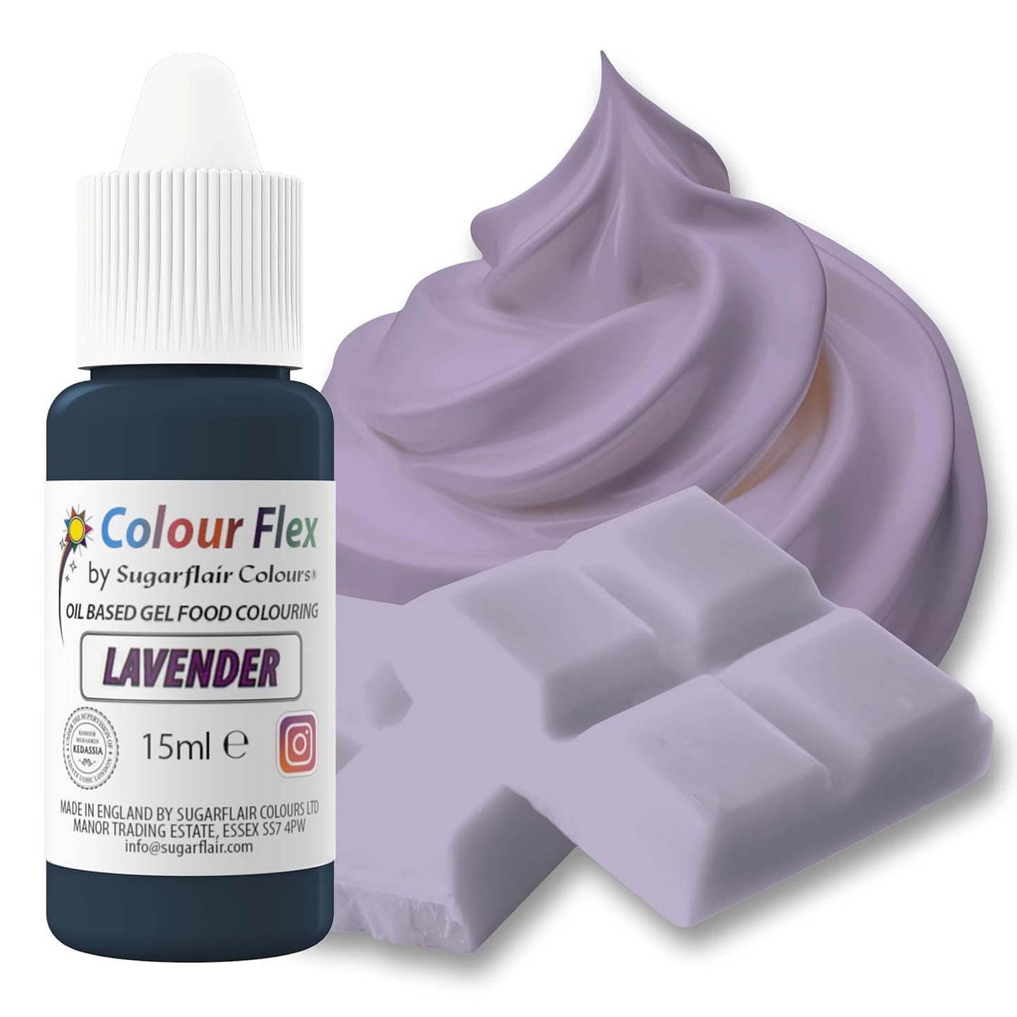 Sugarflair Colourflex Colorante alimentare a base di olio Lavanda, colorante alimentare liquido altamente concentrato per crema al burro, cioccolato, pasta, fondente, glassa e altro - 15 ml
