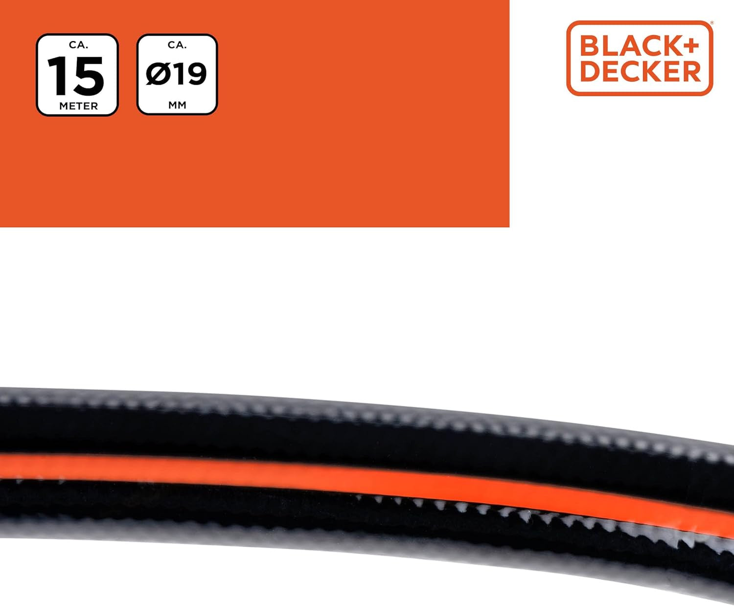 BLACK+DECKER Tubo da Giardino 15 metri - Ø19MM - PVC resistente - Irrigazione del giardino, lavaggio dell'auto, riempimento della piscina - Compatibile con qualsiasi rubinetto standard - Nero/Arancione