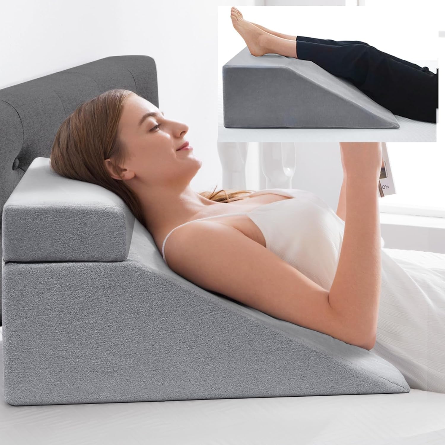 Cuscino da lettura e cuscino in piume per elevatore gambe, cuscino per collo e gamba posteriore in memory foam, cuscino multifunzionale staccabile per letto, divano, seduta, sonno e riposo (Grigio)