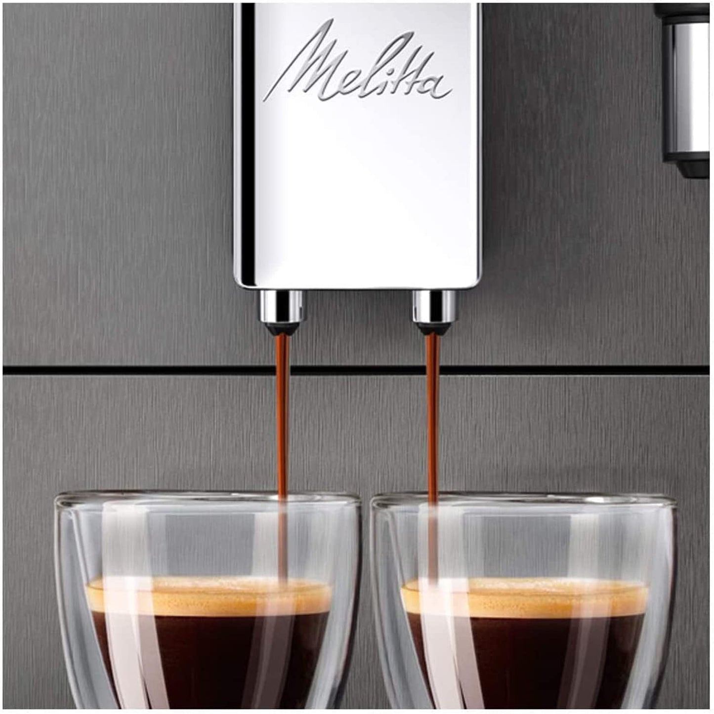 Melitta Avanza - Macchina per caffè espresso completamente automatica con sistema per il latte, macchina per caffè espresso con macinacaffè e serbatoio dell'acqua extra grande (1,5 l) per es. cappuccino o espresso, titano mistico