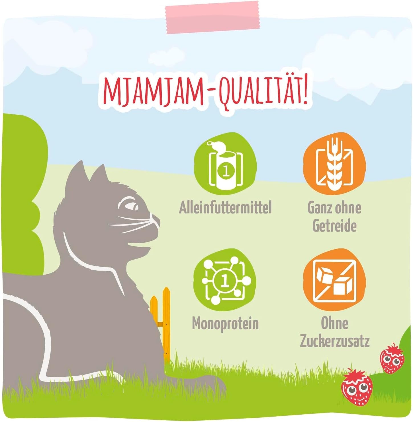 MjAMjAM - Cibo umido per gatti premium - pollo delicato con fragole fruttate 400 g, confezione da 6 (6 x 400 g), naturale con carne extra