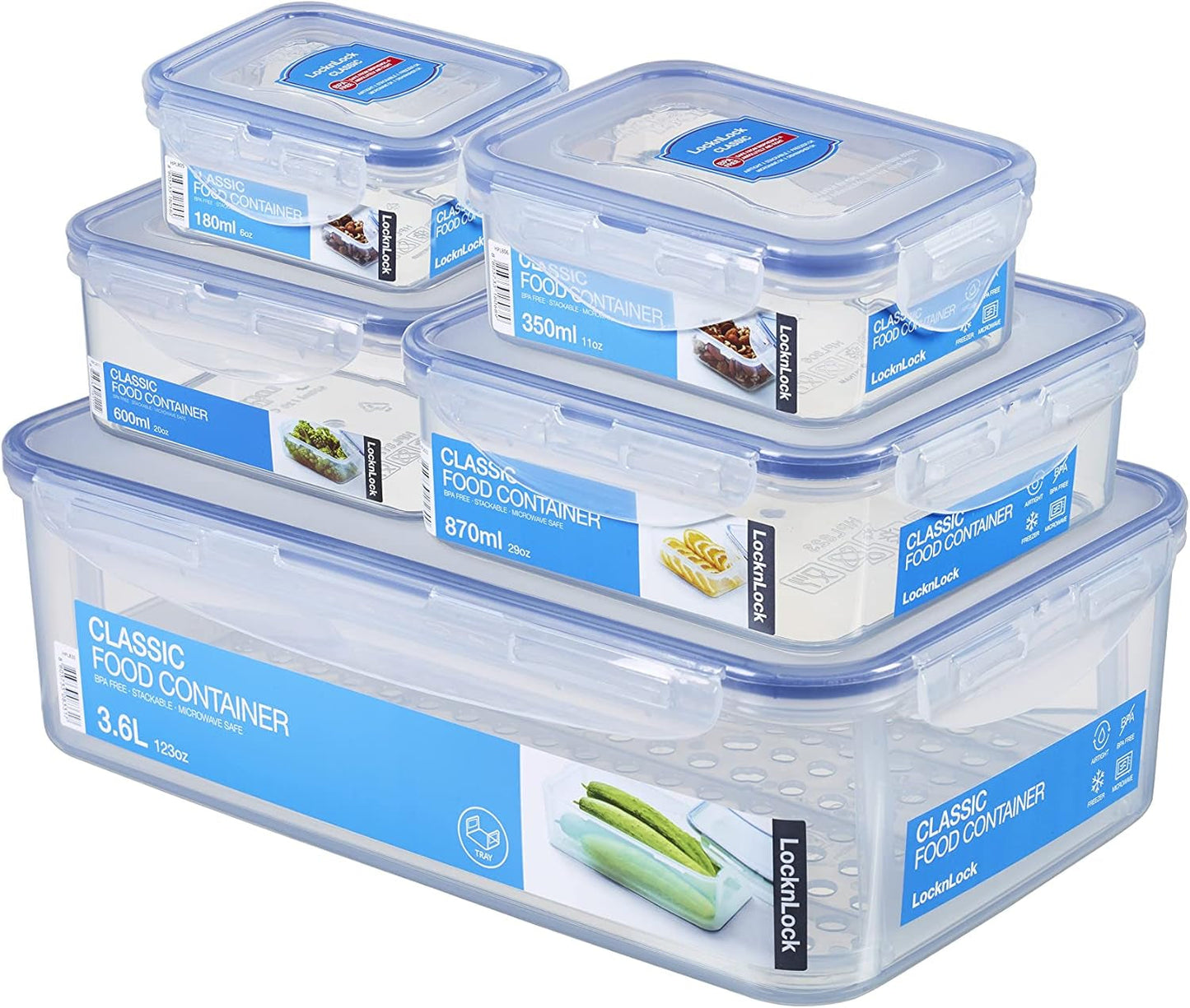 LocknLock PP Classic barattoli per la conservazione degli alimenti set 5 pezzi | 180 ml, 350 ml, 600 ml, 870 ml, 3,6 l | 100% a tenuta d'aria e acqua | senza BPA | organizer per congelatore e frigorifero | lavabili in lavastoviglie e microonde Contenitori per alimenti Naty Shop Square 5pz.