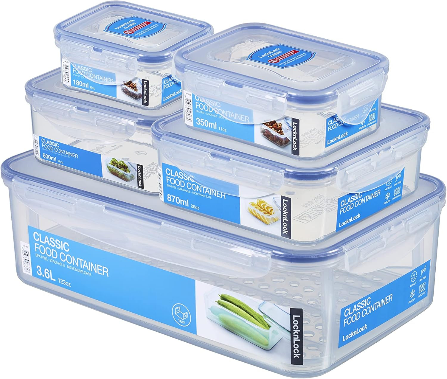 LocknLock PP Classic barattoli per la conservazione degli alimenti set 5 pezzi | 180 ml, 350 ml, 600 ml, 870 ml, 3,6 l | 100% a tenuta d'aria e acqua | senza BPA | organizer per congelatore e frigorifero | lavabili in lavastoviglie e microonde Contenitori per alimenti Naty Shop Square 5pz.
