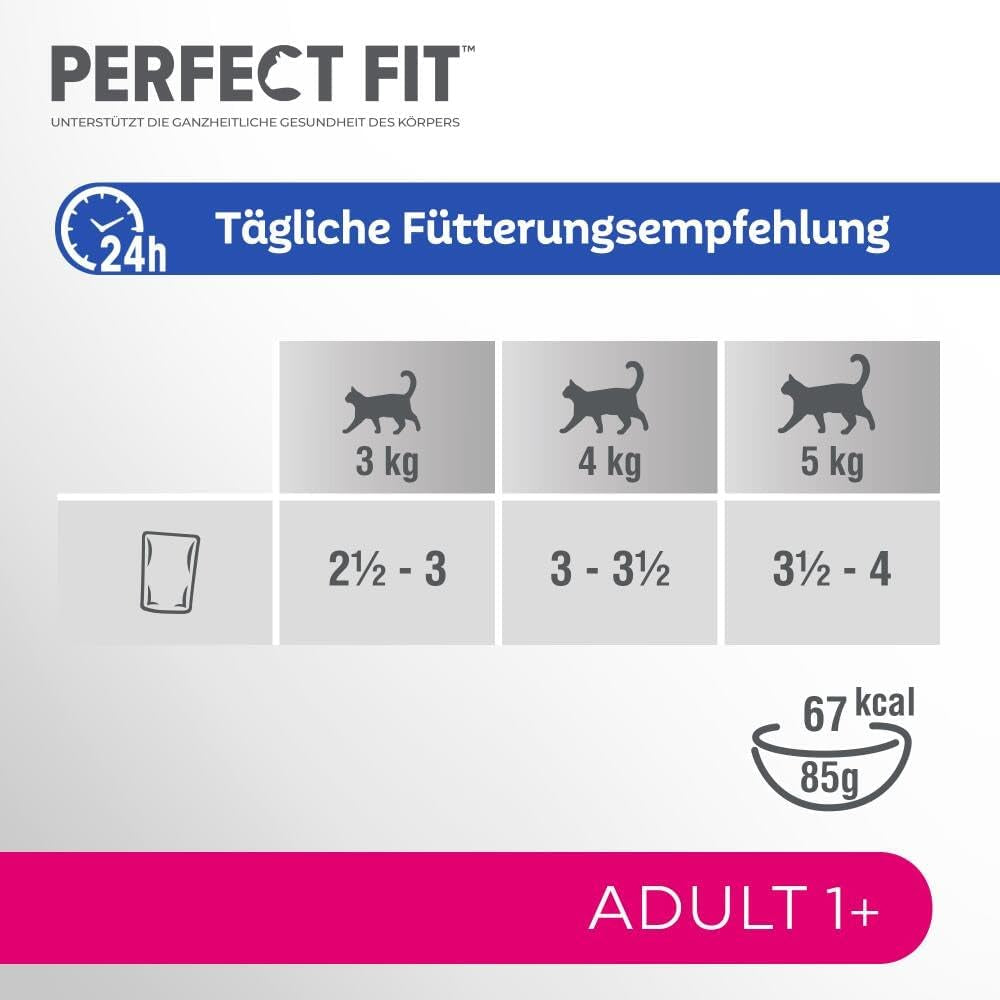Selezione di cibo umido Perfect Fit Adult 1+ con salmone, pesce di acque profonde, manzo e pollo, 48 bustine, 12x85 g (confezione da 4) - Cibo umido premium per gatti adulti a partire da 1 anno di età