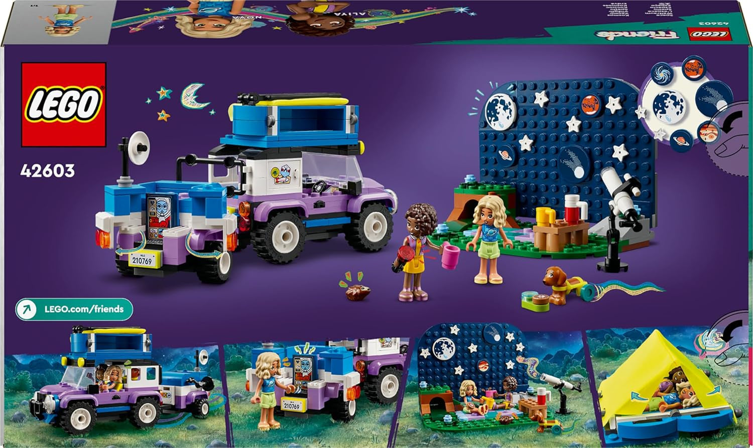 LEGO Friends Set veicolo da campeggio Stargazer con veicolo terrestre e telescopio giocattolo, regalo per ragazze e ragazzi a partire da 7 anni, include i personaggi di gioco Nova, Aliya e un cane 42603 Set di costruzione Besuche den LEGO-Store