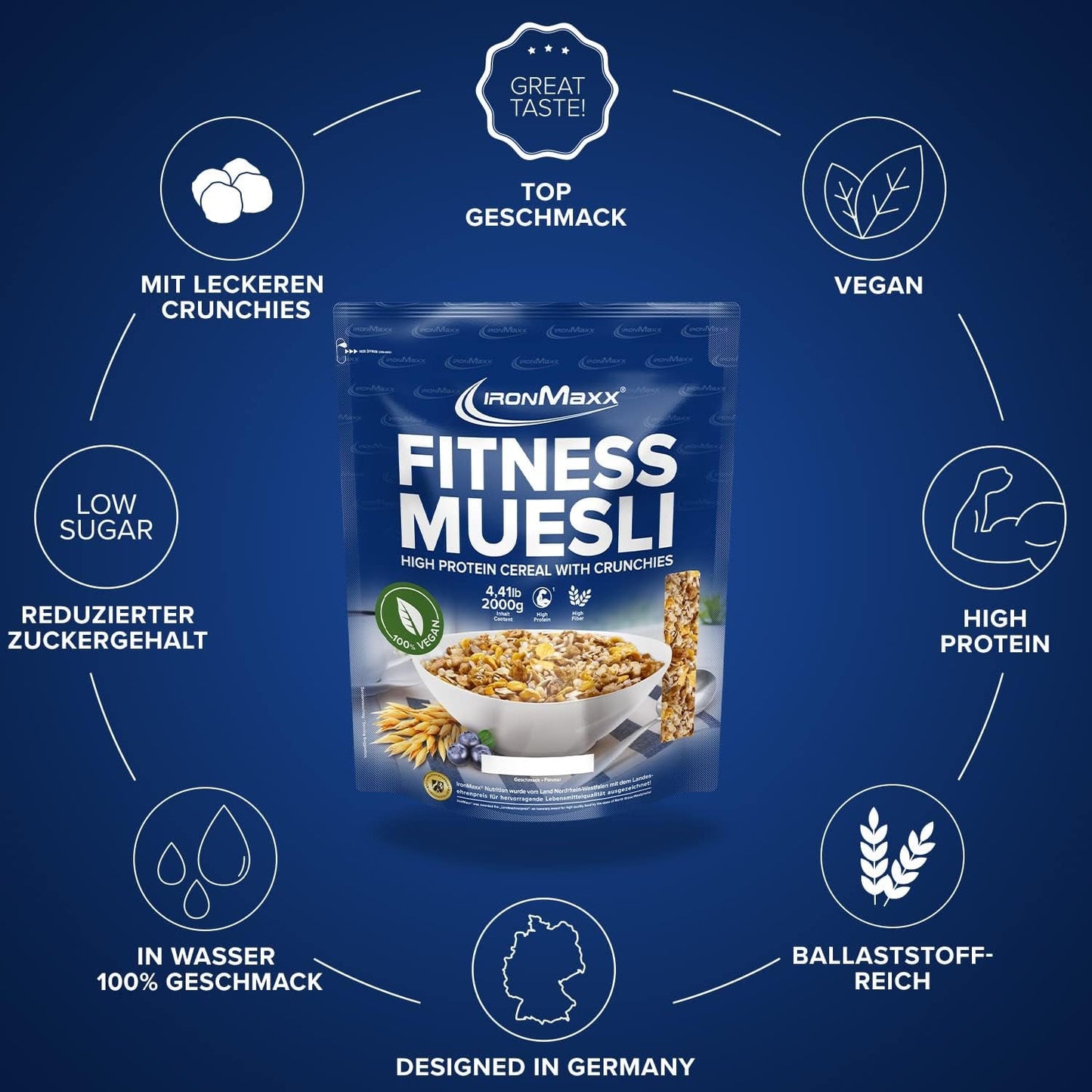 IronMaxx Fitness Muesli - Biscotti e panna, sacchetto da 2 kg | Muesli vegano ricco di proteine ​​con contenuto croccante | A basso contenuto di zuccheri e ricco di fibre