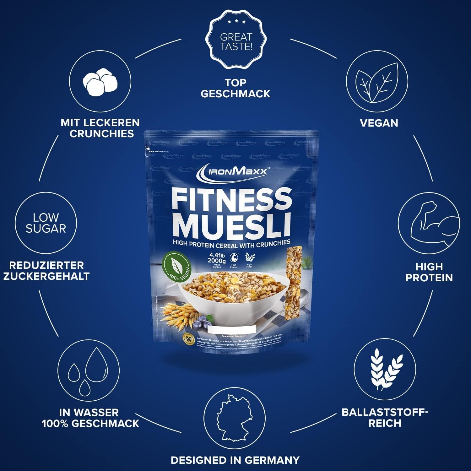 IronMaxx Fitness Muesli - Biscotti e panna, sacchetto da 2 kg | Muesli vegano ricco di proteine ​​con contenuto croccante | A basso contenuto di zuccheri e ricco di fibre