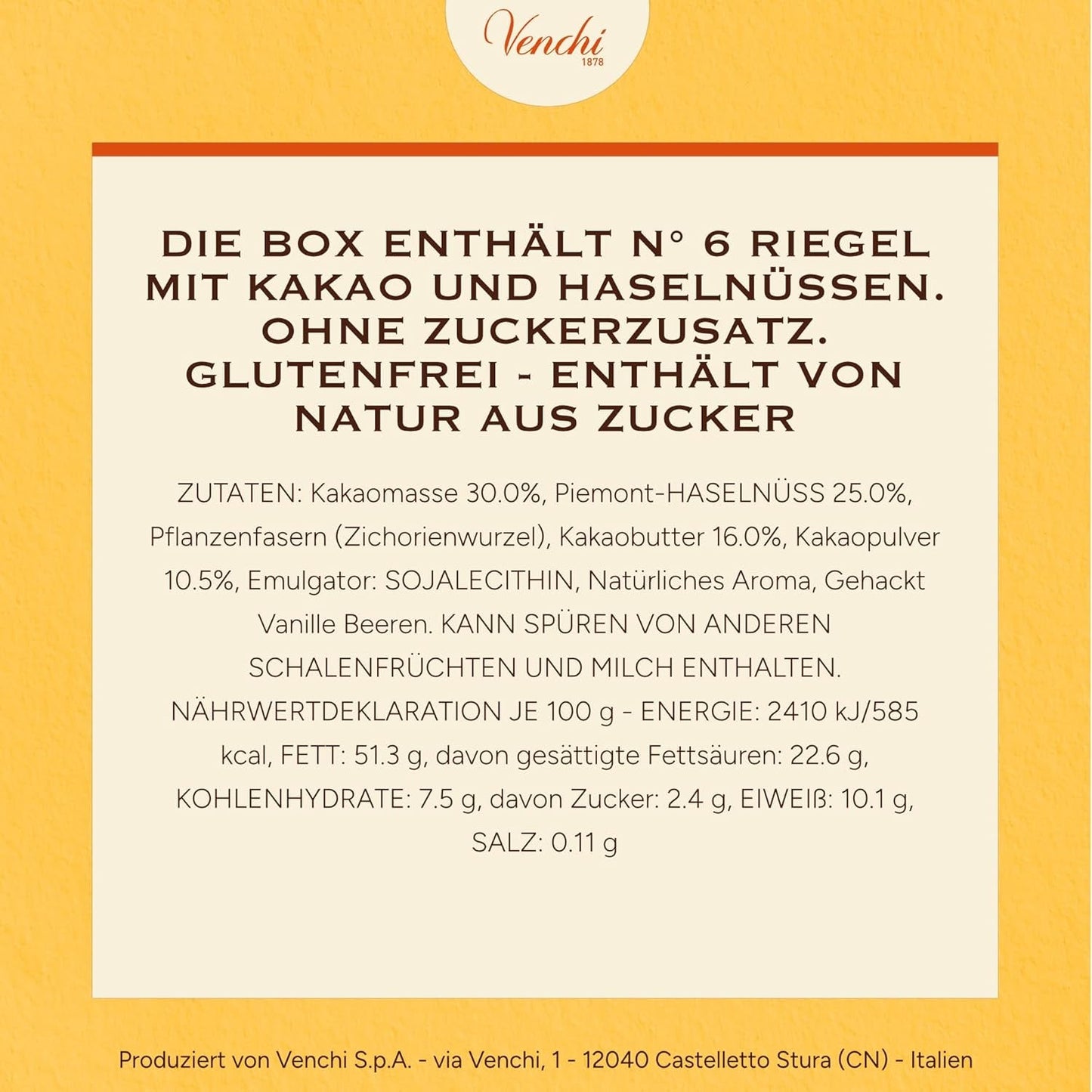 Venchi - Confezione da 6 tavolette di cioccolato fondente con nocciole, 600g - Senza zuccheri aggiunti - Senza dolcificanti artificiali - Senza glutine - Vegan - Idea regalo