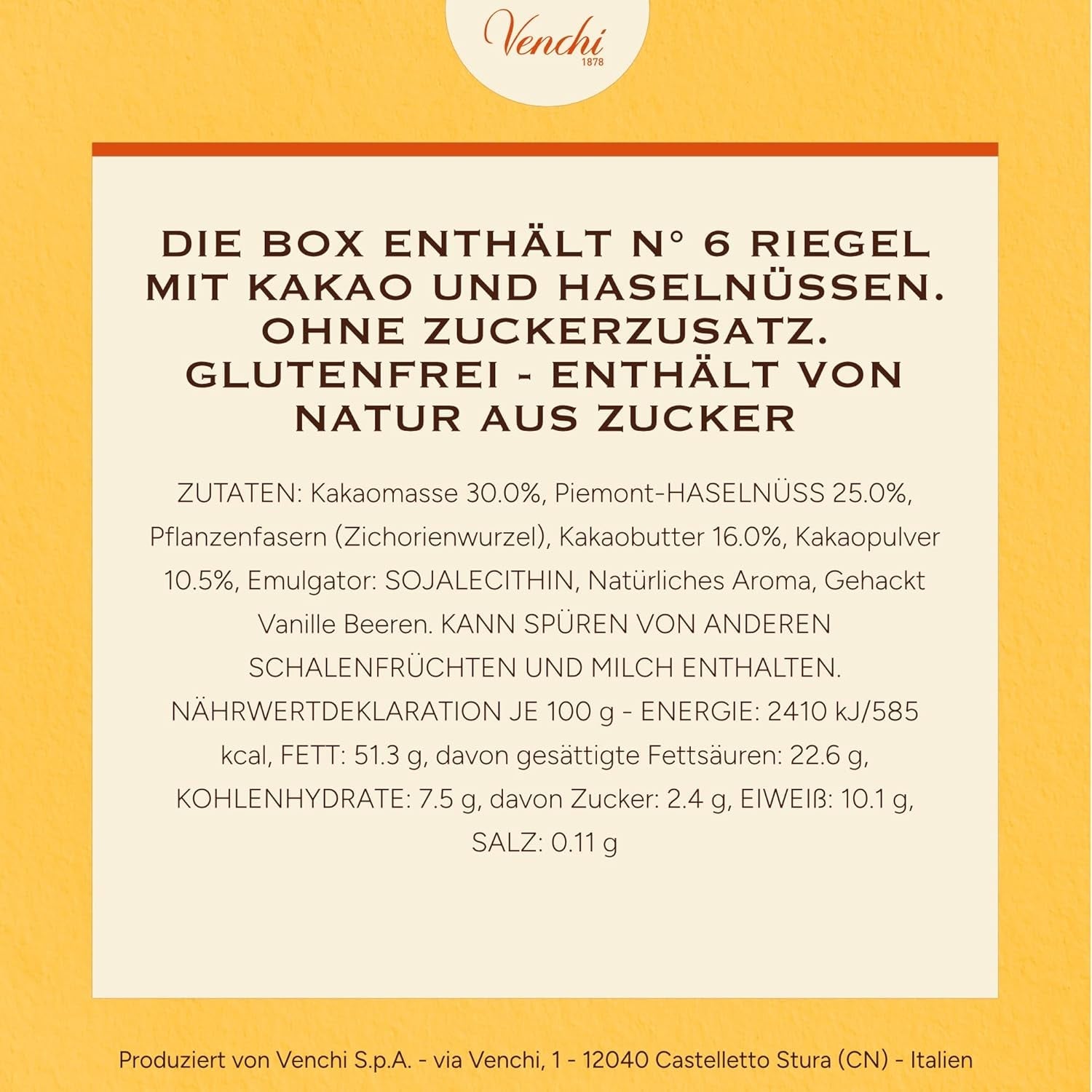Venchi - Confezione da 6 tavolette di cioccolato fondente con nocciole, 600g - Senza zuccheri aggiunti - Senza dolcificanti artificiali - Senza glutine - Vegan - Idea regalo
