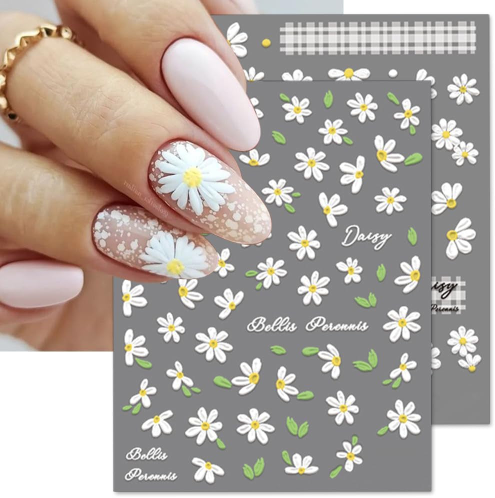 Adesivi per unghie Margherite bianche in rilievo 5D Adesivi per unghie Fiori Adesivi autoadesivi in ​​lamina di fiori Adesivi per nail art Margherite Accessori per la decorazione delle unghie Adesivi di design floreale Nail Art