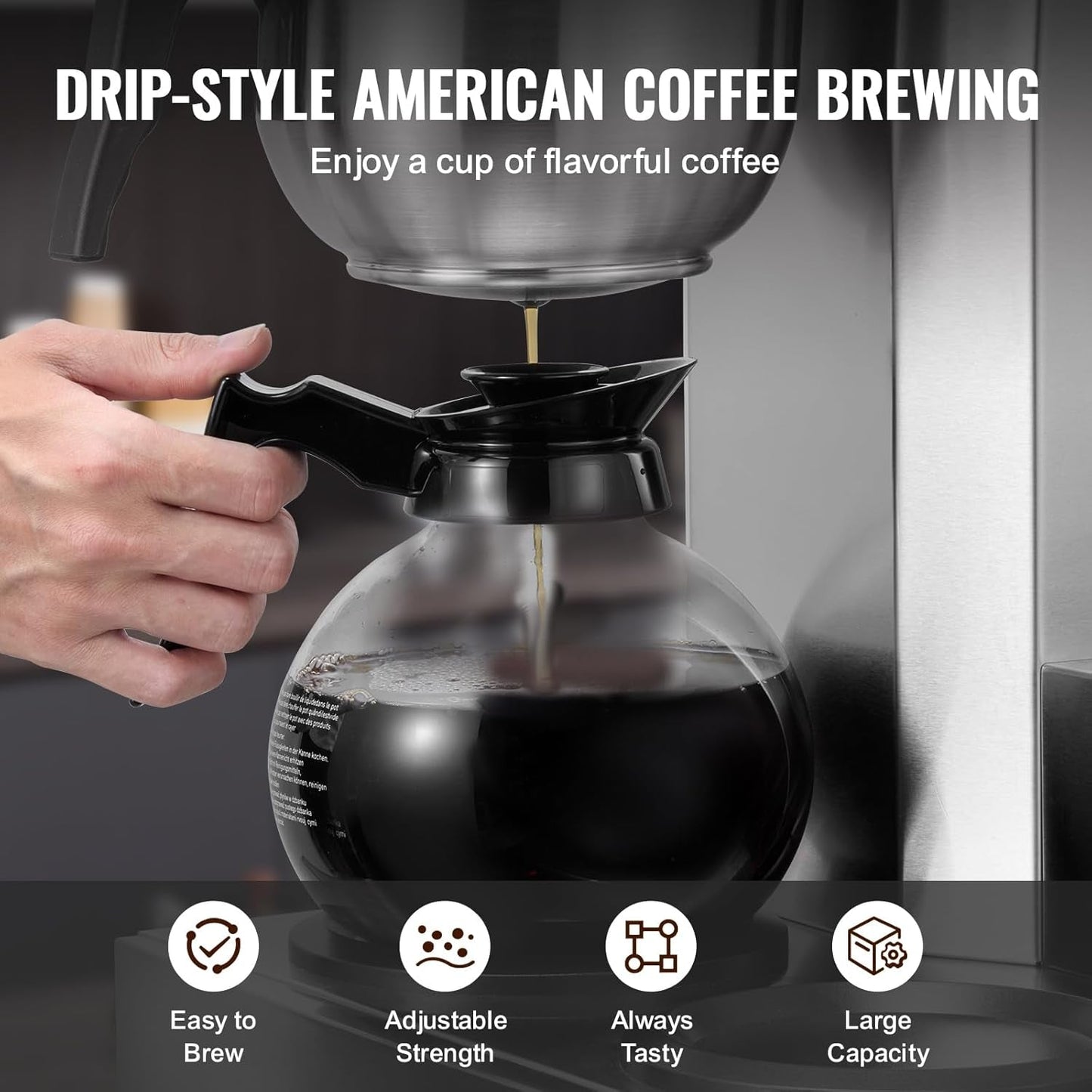 VEVOR Macchina per caffè espresso commerciale con filtro da 12 tazze con 3 caraffe in vetro e 3 piastre riscaldanti Macchina per caffè espresso in acciaio inossidabile con fornitura automatica di acqua per bar ristorante ufficio
