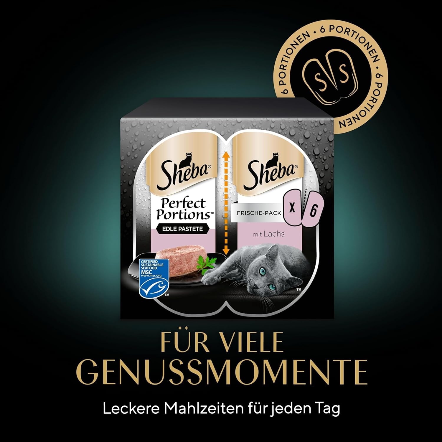 SHEBA Perfect PORTIONS patè per gatti con salmone, certificato MSC, 8 x 3 x (2 x 37,5 g) = 225 g (La confezione verrà aggiornata)