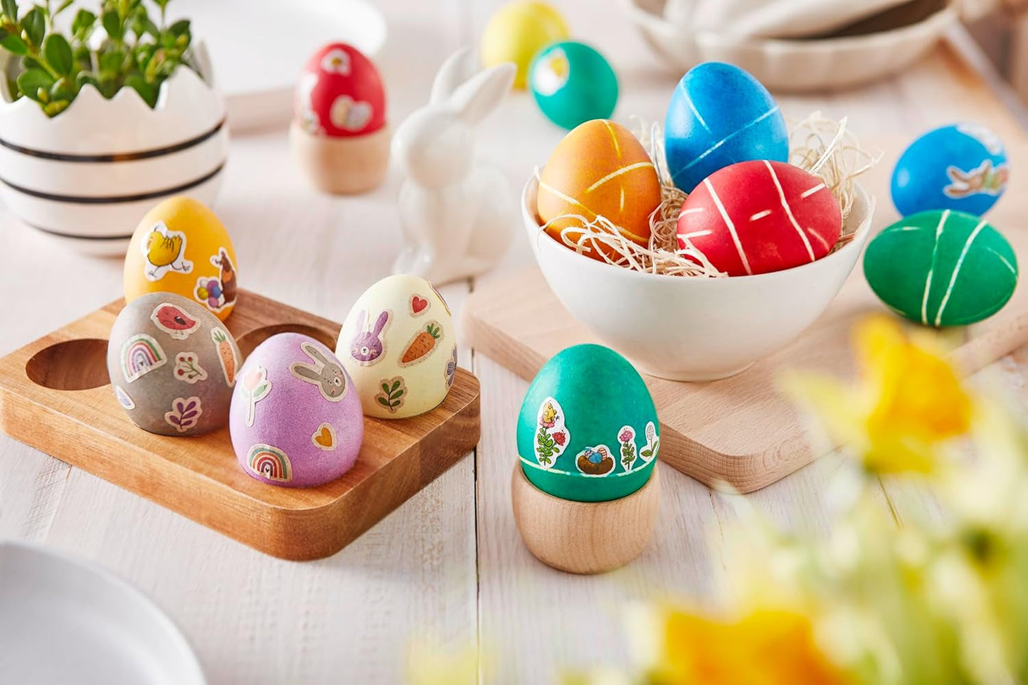 Set di coloranti naturali Heitmann Egg Dye, 3 polveri coloranti all'uovo (giallo, viola, grigio-blu), foglio di adesivi in ​​carta erba