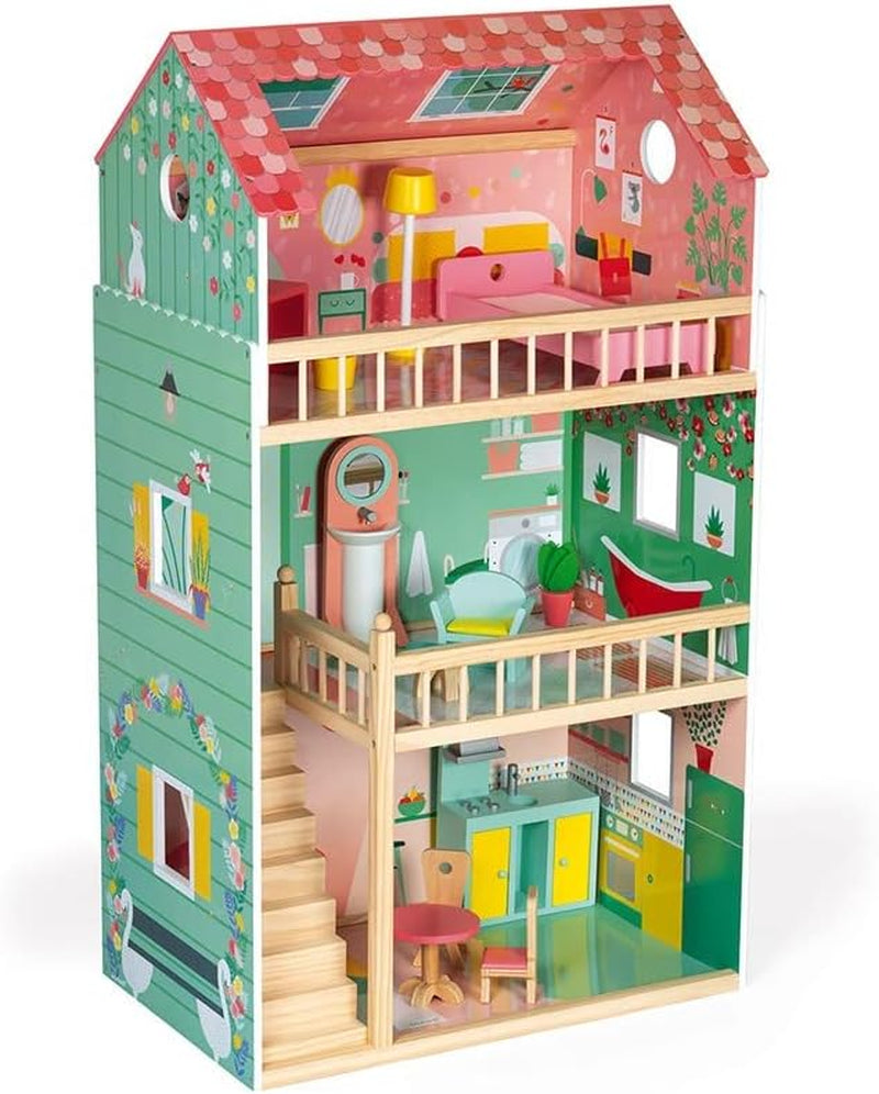 Janod - Casa delle bambole in legno Mademoiselle, 3 livelli e 11 accessori, replica del giocattolo che sviluppa l'immaginazione dai 3 anni in su J06581 Rosa Naty Shop Dollhouses A Happy Day