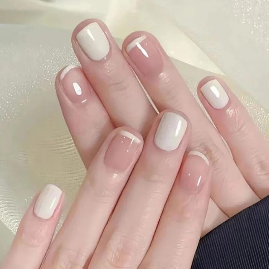 24 pezzi French Press su unghie corte Bara Unghie artificiali Rosa corallo Ombre Unghie adesive Set di unghie ballerina Punte per unghie acriliche Donna Primavera Estate Accessori per unghie