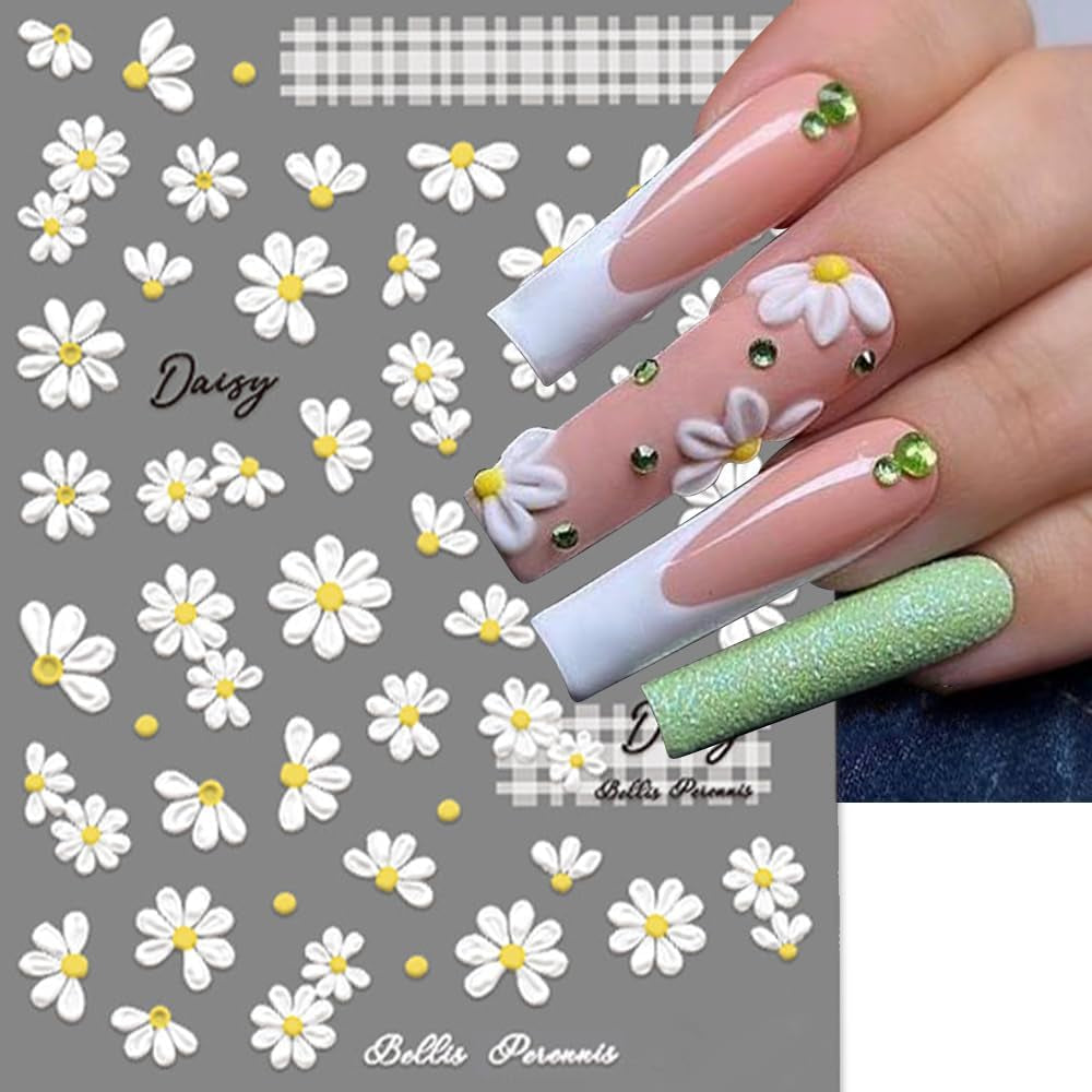Adesivi per unghie Margherite bianche in rilievo 5D Adesivi per unghie Fiori Adesivi autoadesivi in ​​lamina di fiori Adesivi per nail art Margherite Accessori per la decorazione delle unghie Adesivi di design floreale Nail Art