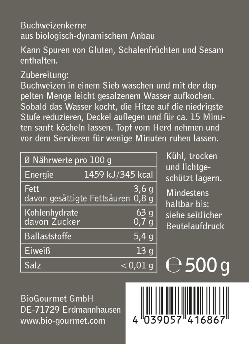 Boabe de hrișcă BioGourmet Demeter – pungă de 500 g | Fără gluten, bogate în fibre și regionale | Din agricultură ecologică germană (Baden-Württemberg/Bavaria) | Ideale pentru musli, salate și garnituri