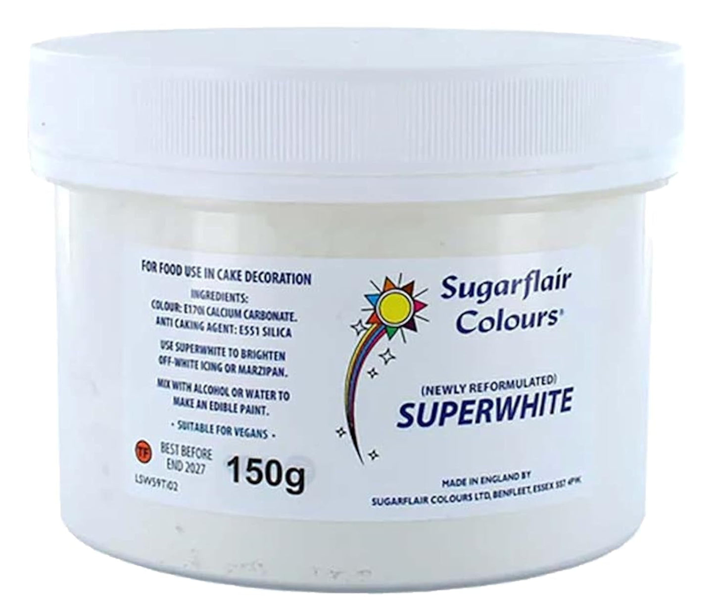 Candeggina per glassa Superwhite Sugarflair, candeggina per glassa reale, colorante alimentare commestibile extra bianco - 150 g