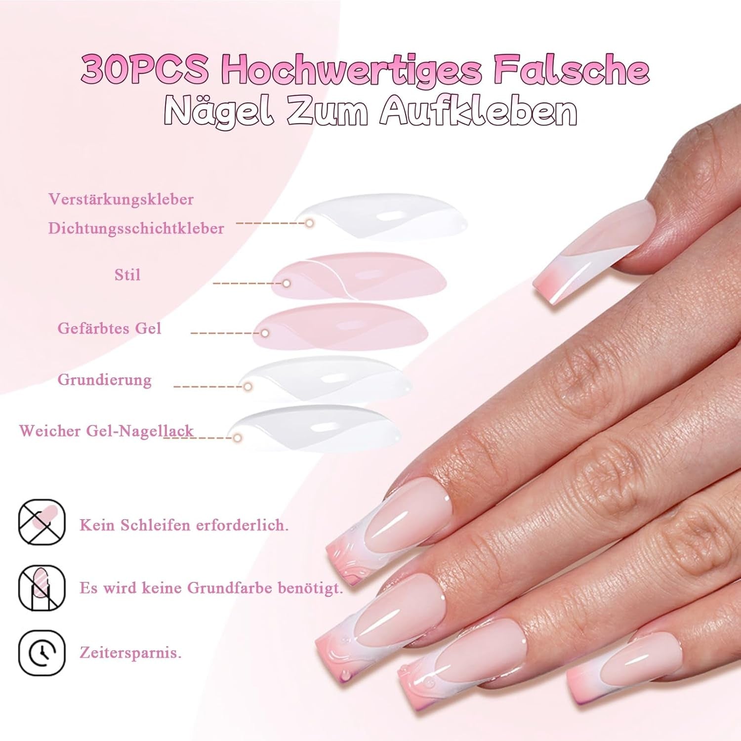 30 unghie finte francesi - colla su unghie artificiali - unghie in gel morbido per donne - manicure quadrata per unghie adesive acriliche (rosa francese)