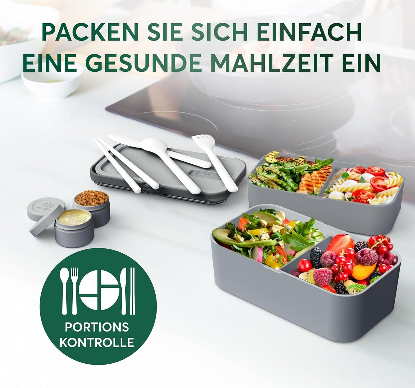 Portapranzo Umami per Adulti, Bento Box impilabile con 4 posate e scomparti, Portapranzo per adulti, Contenitore per insalata da asporto, Portapranzo da picnic/ufficio, Grigio antracite, Scatole per alimenti da 1500 ml Naty Shop