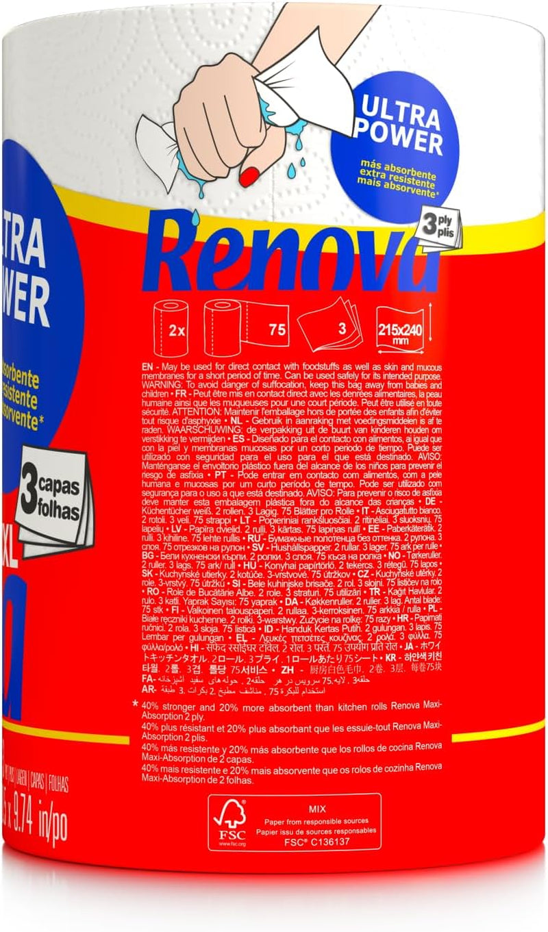 Rotoli da cucina Renova Renova Ultrapower | 24 rotoli XXL = 60 rotoli standard | 3 strati ultra assorbenti e di massima resistenza | Carta certificata Fsc