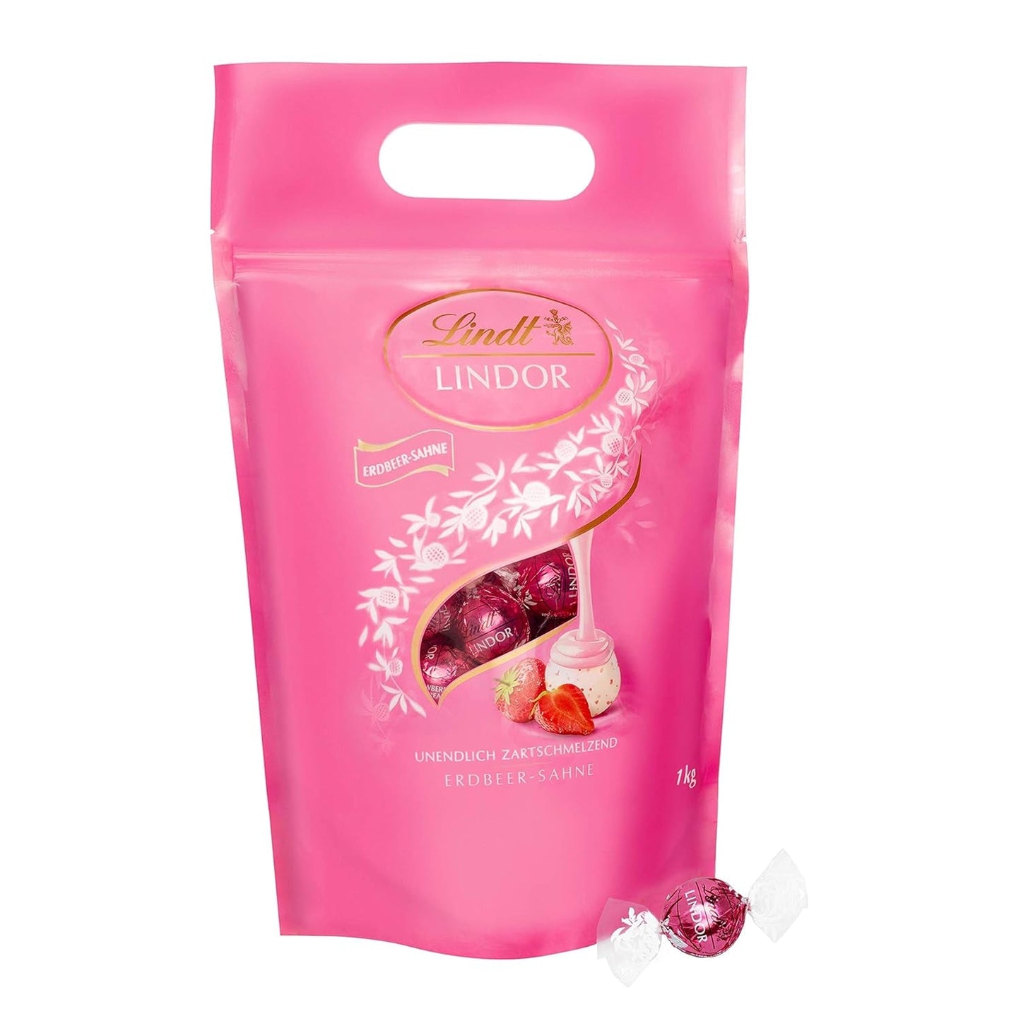 Preparato al cioccolato LINDOR | 1371 gr | ca. 109 palline: Cioccolato al latte e palline LINDOR con crema alla fragola | sacco da 1 kg, ca. 80 palline di cioccolato bianco con crema alla fragola