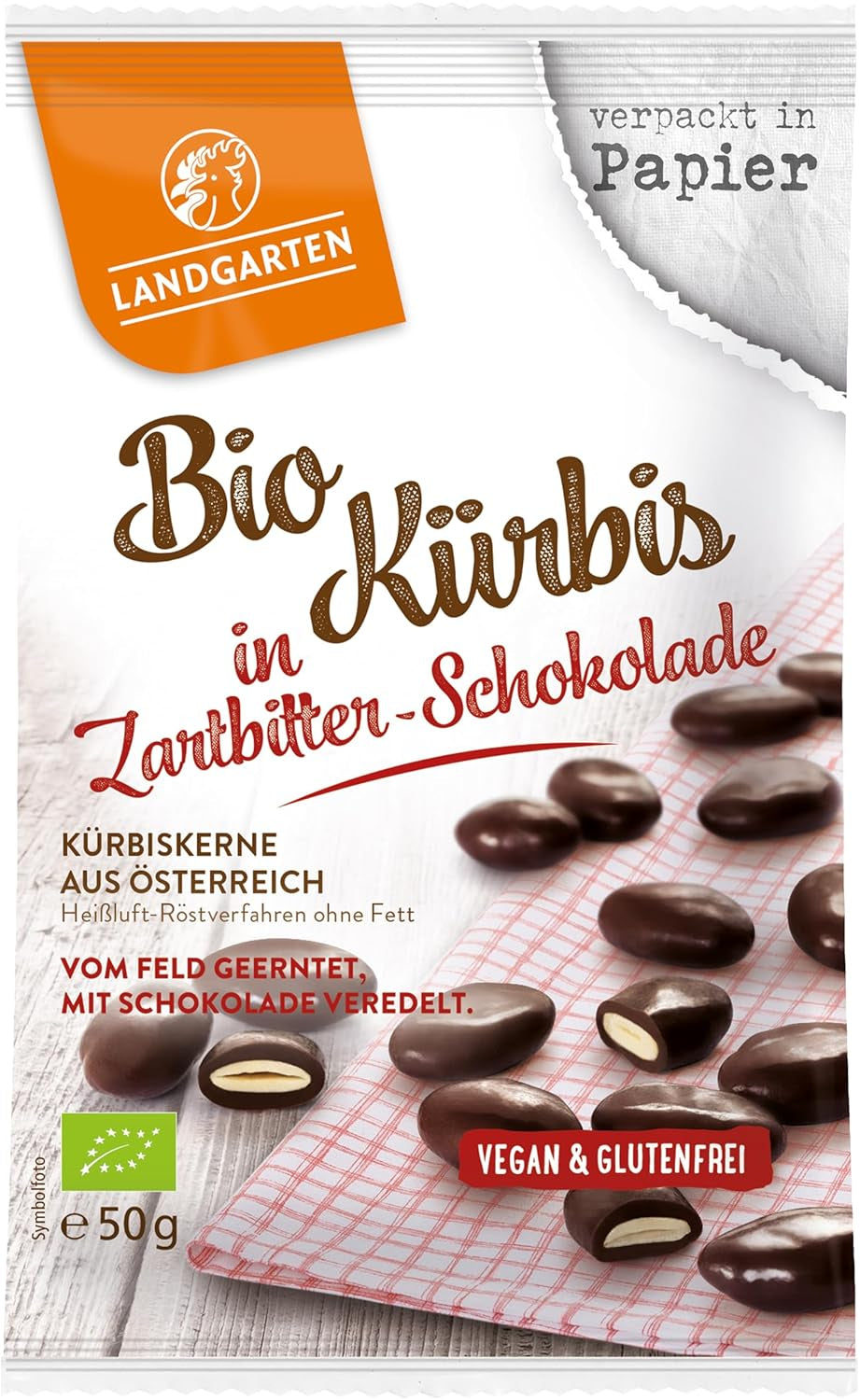 Landgarten Semi di zucca biologici al cioccolato fondente - Snack vegano al cioccolato con semi di zucca tostati - Fonte di magnesio - 1 x 50 g