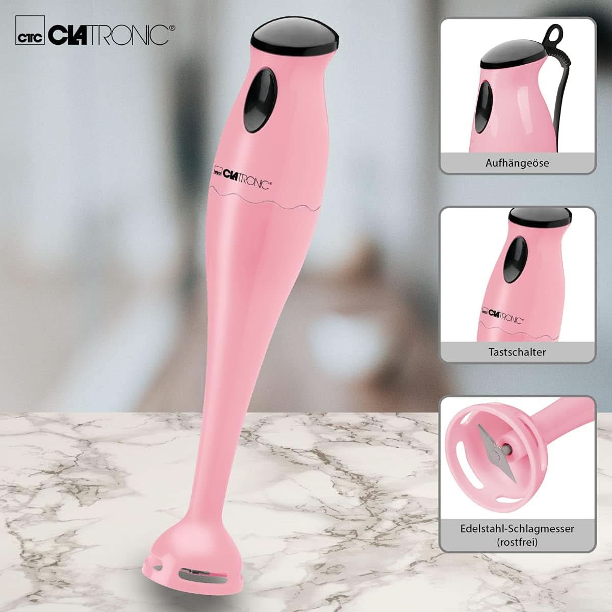 Clatronic Stabmixer/Pürierstab/Blender/Stab-Mixer/Stick/Mixstab SM 3577; Edelstahl-Schlagmesser; Per frullati, Kürbispüree, Babybrei, Milchshake; Con contenitore misto (500 ml); 180 Watt; Negozio Naty Cucina Rosa