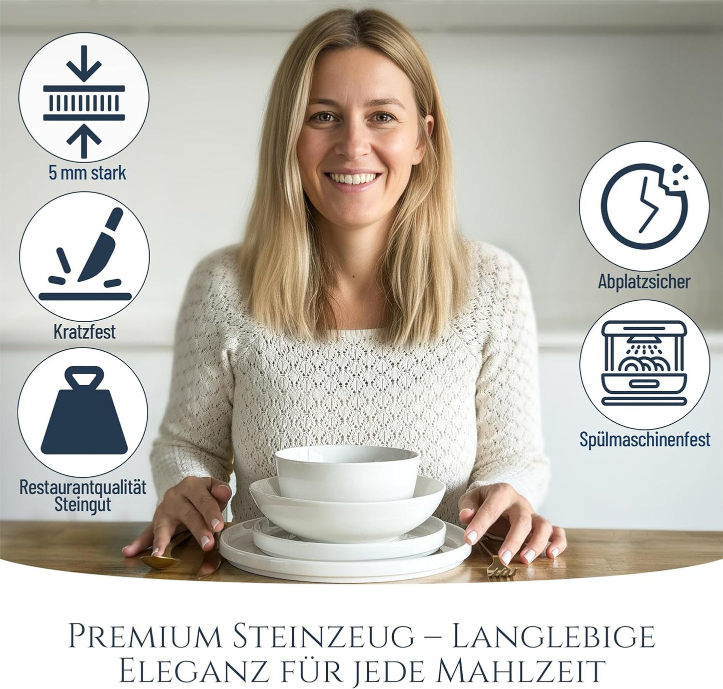 Set di stoviglie in porcellana cristallo da 48 pezzi VINCITORE DEL TEST Set di stoviglie in porcellana trasparente Ciotole e piatti Servizio da tavola per 12 set di stoviglie Pure Living in bianco