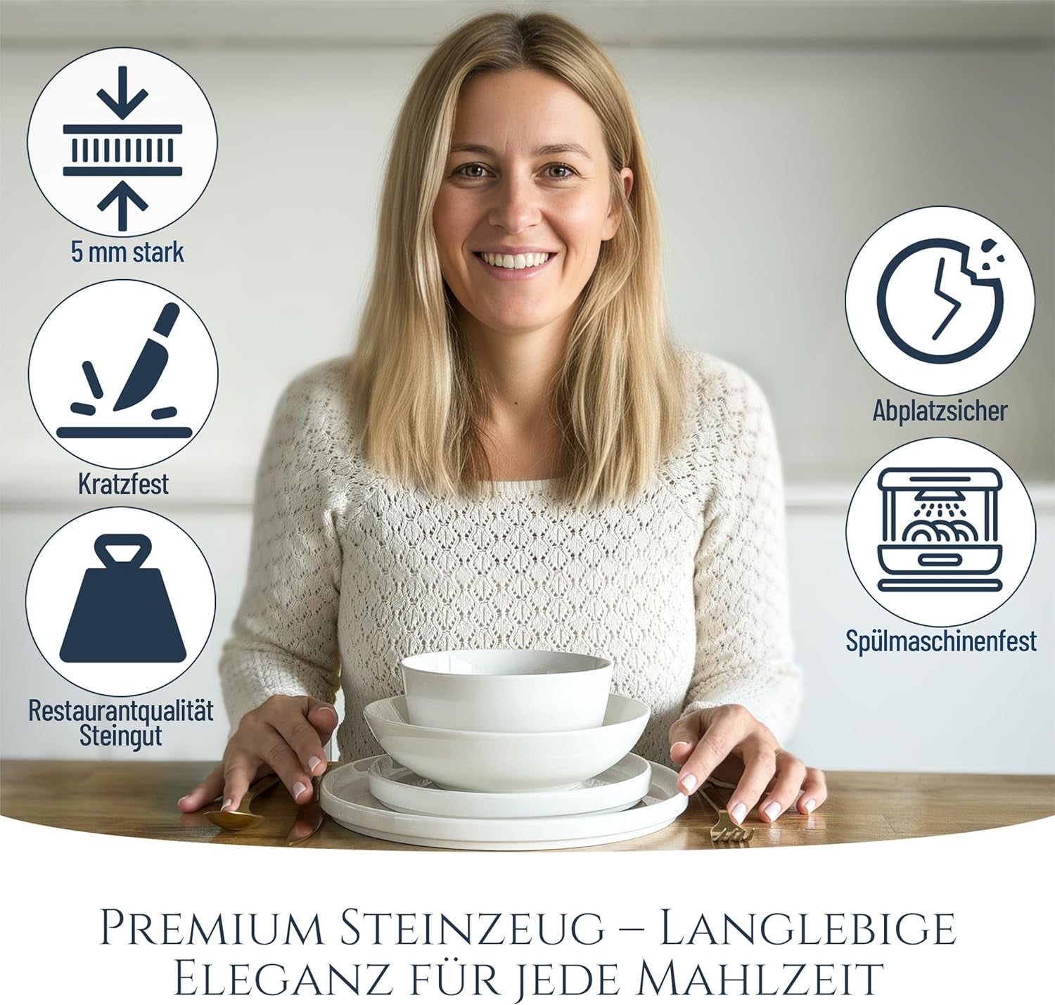 Set di stoviglie in porcellana cristallo da 48 pezzi VINCITORE DEL TEST Set di stoviglie in porcellana trasparente Ciotole e piatti Servizio da tavola per 12 set di stoviglie Pure Living in bianco