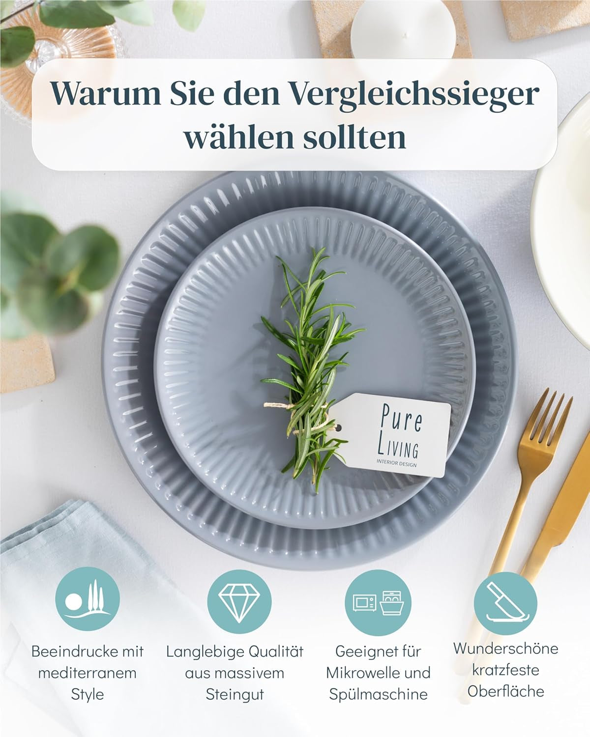 Servizio tavola in ceramica per 6, Hygge, 24 pezzi. VINCITORE DEL TEST Set di stoviglie e piatti in gres scandinavo da sogno, servizio da tavola per 6 set di stoviglie Pure Living in grigio blu