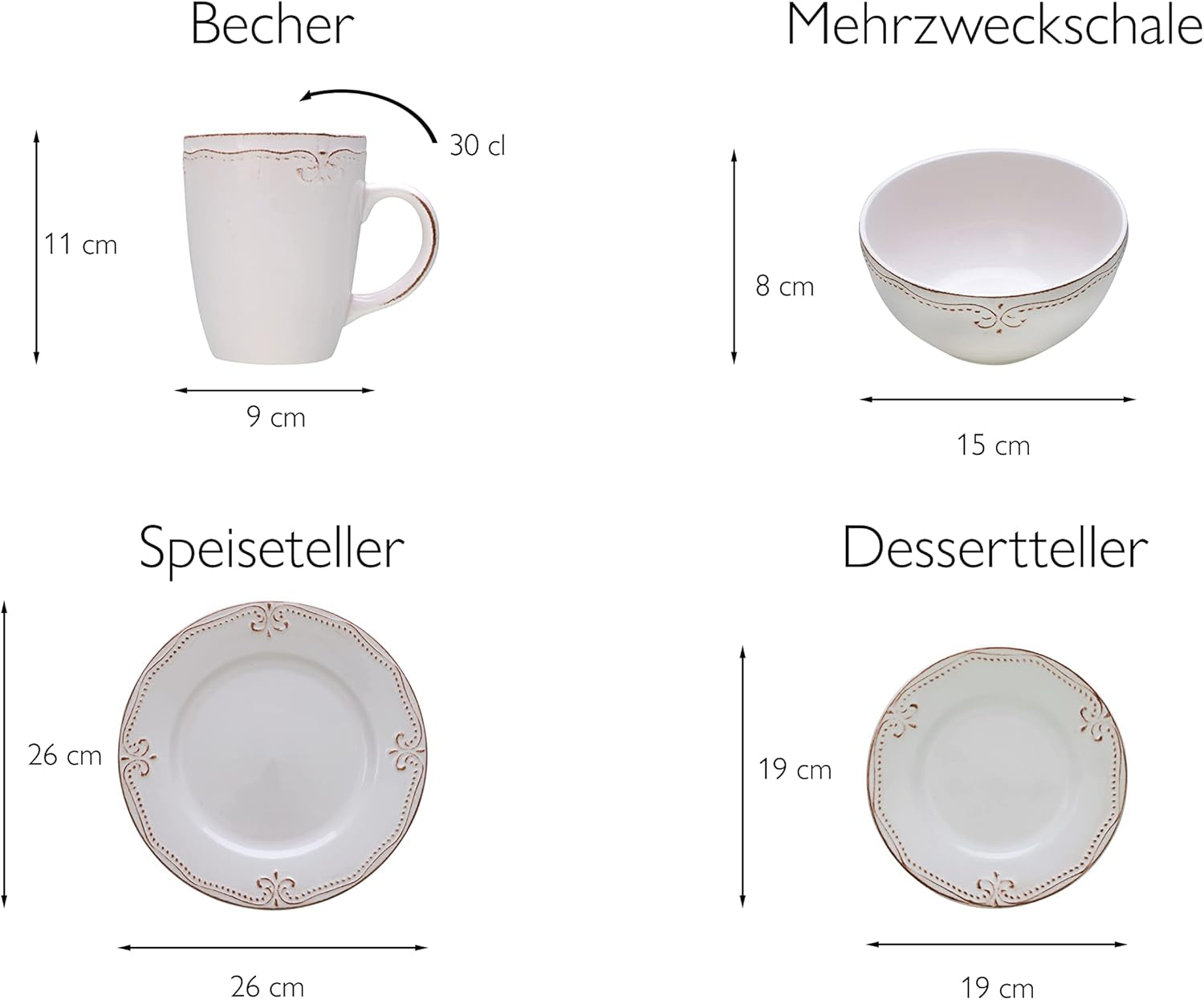 CreaTable, 23601, serie Romantic Vintage, set di stoviglie da 16 pezzi per 4 persone, servizio combinato in porcellana, lavabile in lavastoviglie e adatto al microonde, produzione di qualità