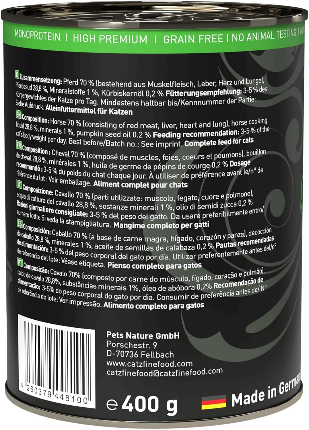 Alimento umido per gatti Catz Finefood Purrrr Horse Monoprotein n. 123, per gatti con digestione sensibile, contenuto carne 70%, 6 scatole x 400 g