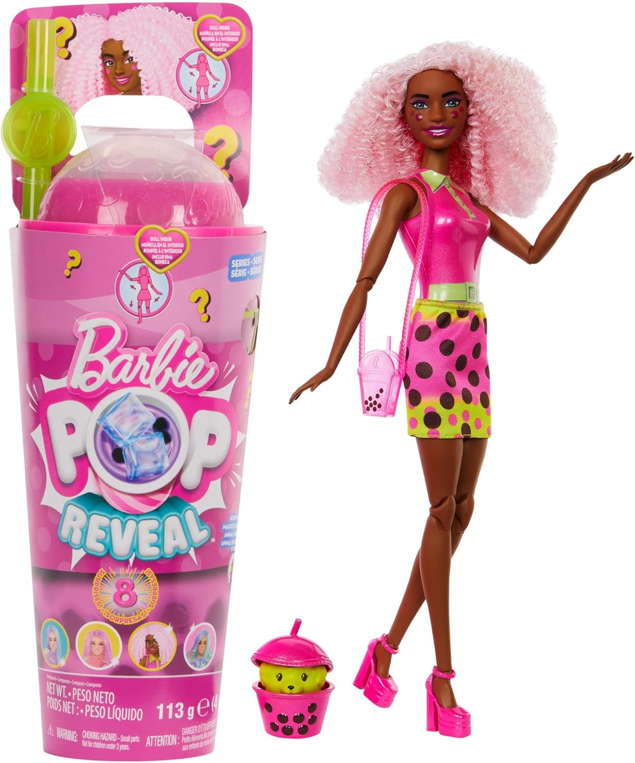 Barbie Pop Reveal Bubble Tea bambola e accessori, bambola alla moda profumata Berry Bliss con animale domestico, 8 sorprese, include cambia colore, tazza portaoggetti, HTJ20