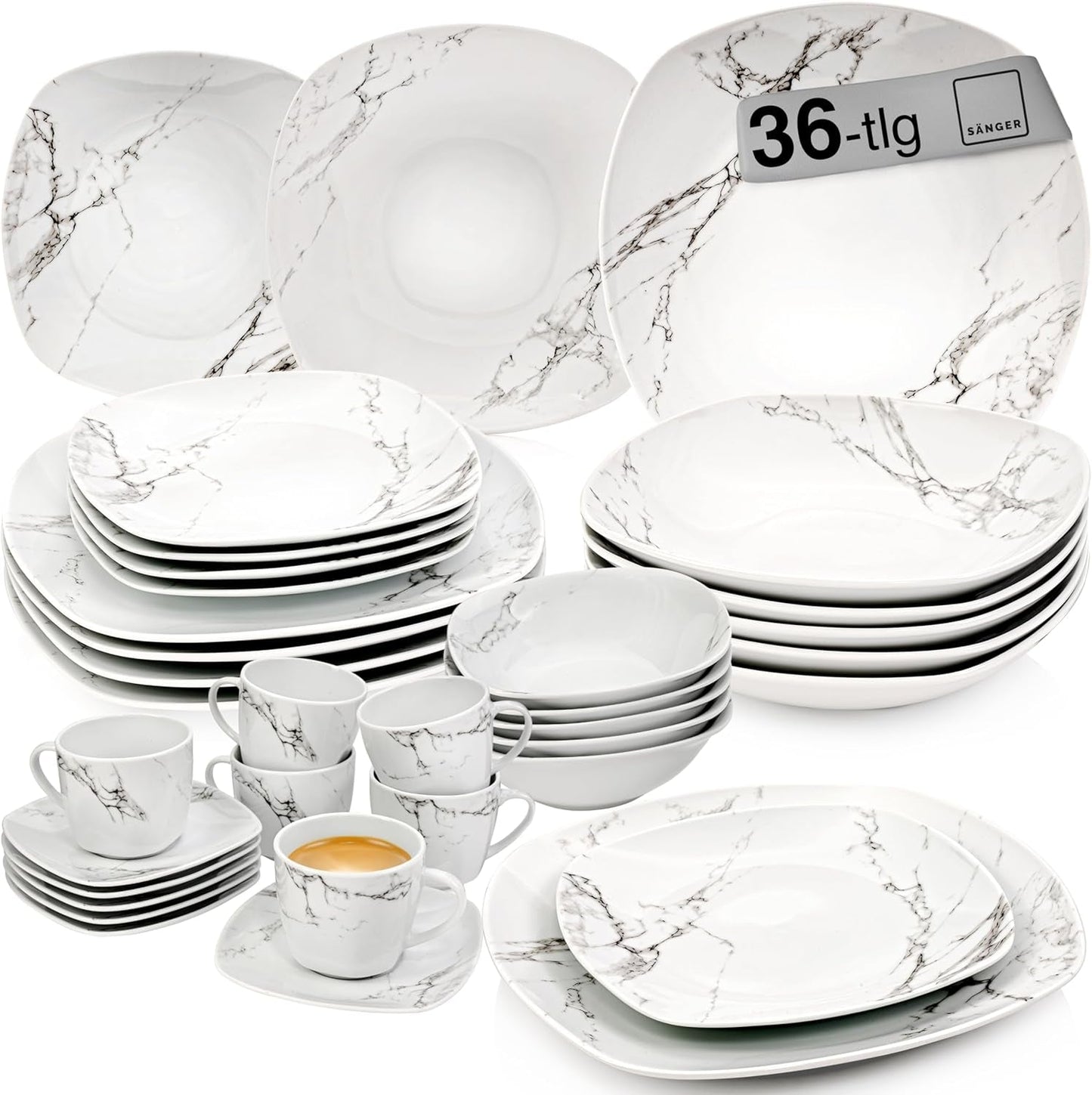 SANGER | Servizio Piatti Combinati in Marmo Bilgola Servizio Piatti 36 Pezzi per 6 con Piatti Piani, Piatti Dessert, Piatti Suma, Ciotole Cereali, Piattini Caffè e Piattini in Porcellana, Quadrati | LA COLLEZIONE PREMIUM