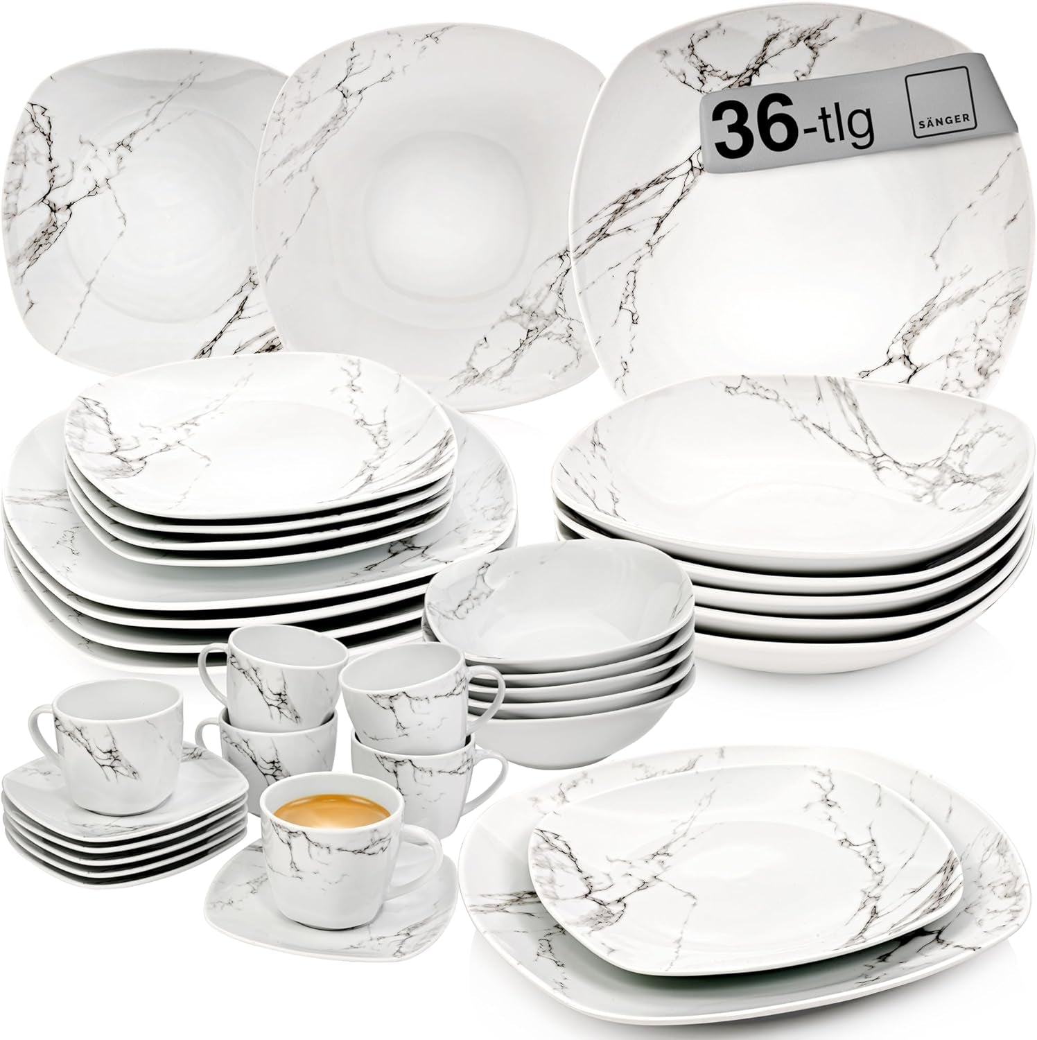 SANGER | Servizio Piatti Combinati in Marmo Bilgola Servizio Piatti 36 Pezzi per 6 con Piatti Piani, Piatti Dessert, Piatti Suma, Ciotole Cereali, Piattini Caffè e Piattini in Porcellana, Quadrati | LA COLLEZIONE PREMIUM