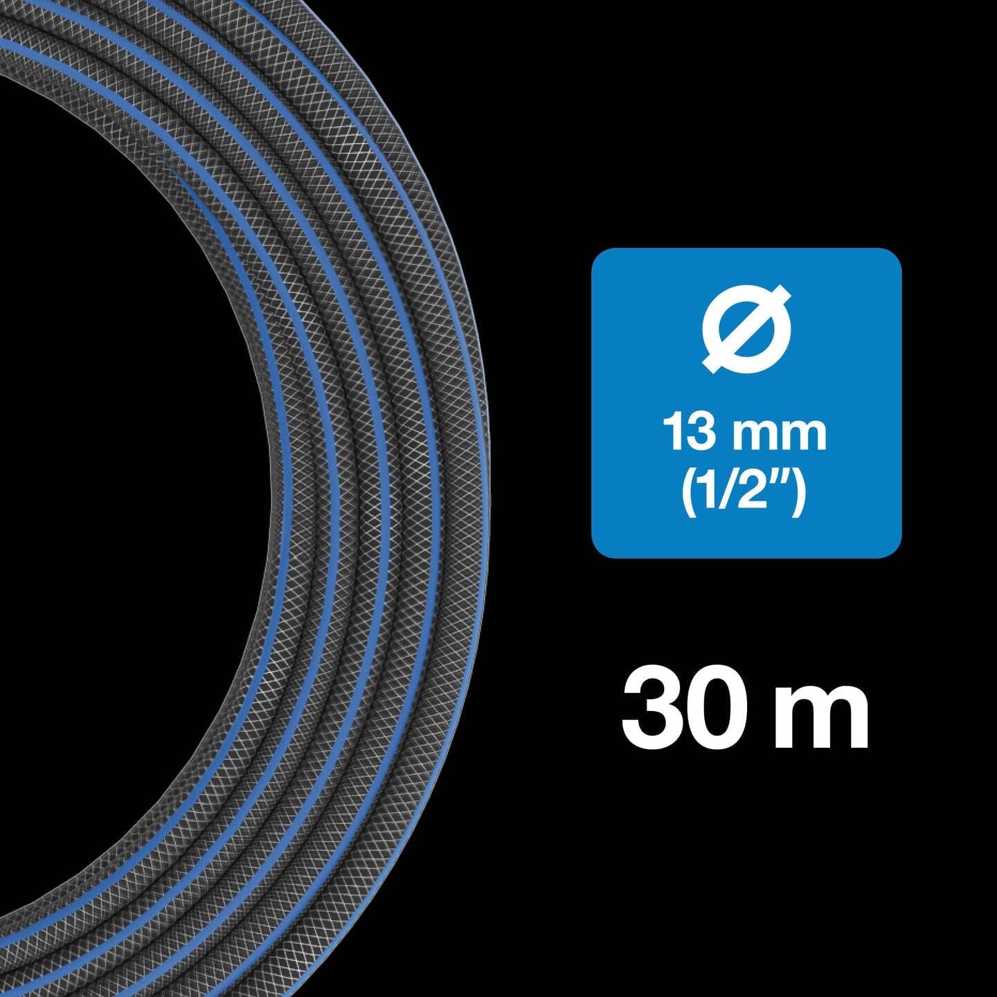 Fiskars L Tubo dell'acqua, Protezione UV, Testato a pressione, Livello di rigidità alla torsione 4 (su 5), 30 m, Ø 1,3 cm (1/2"), 4,2 kg, Nero/Arancione/Blu, 1027105