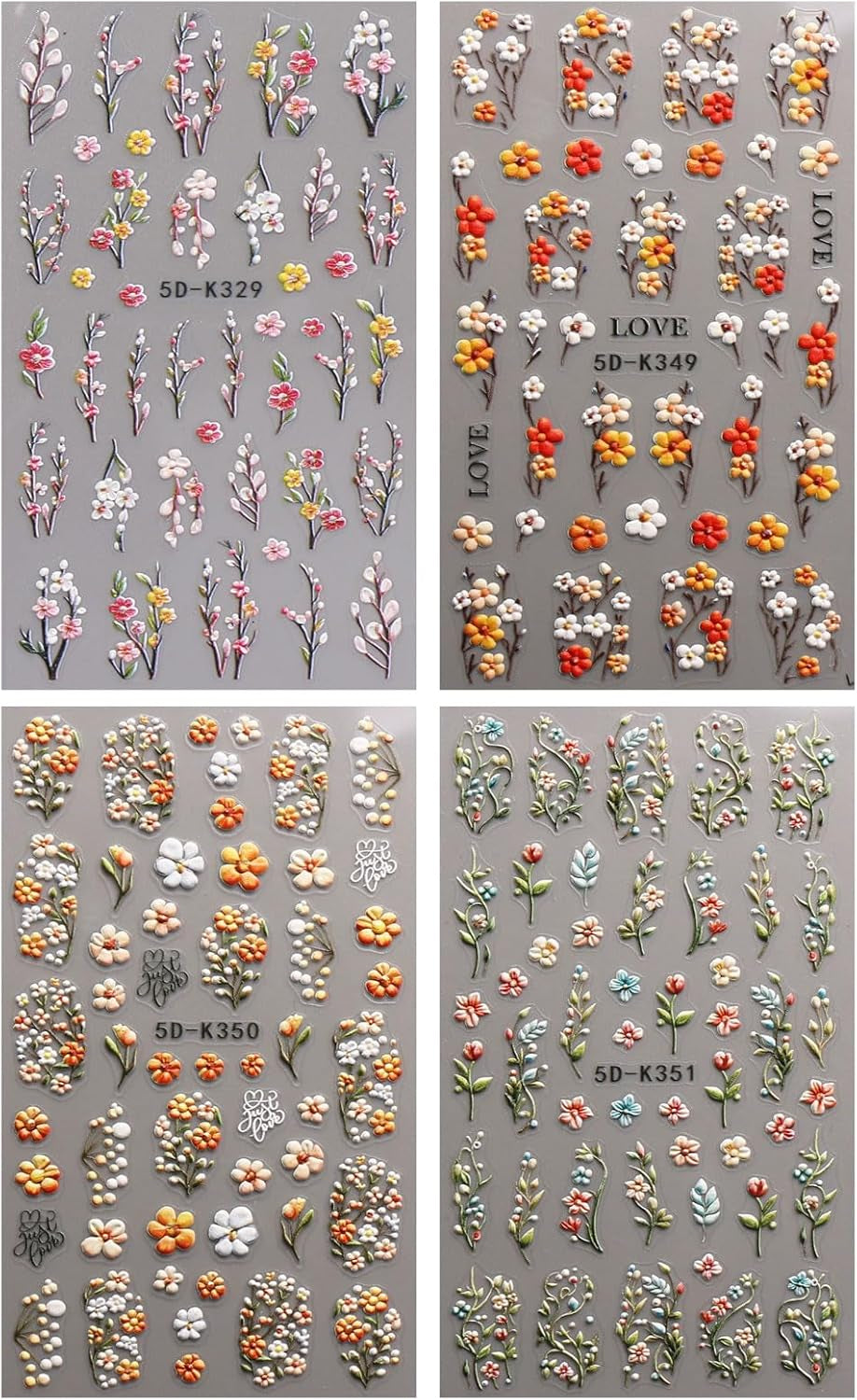 JMEOWIO 3D Nagelsticker Blumen Nail Art Sticker Self-klebend Nagelaufkleber 5D Stereoscopico Herbst Blumen Dekoration Nageldesign Zubehör 4 Blatt