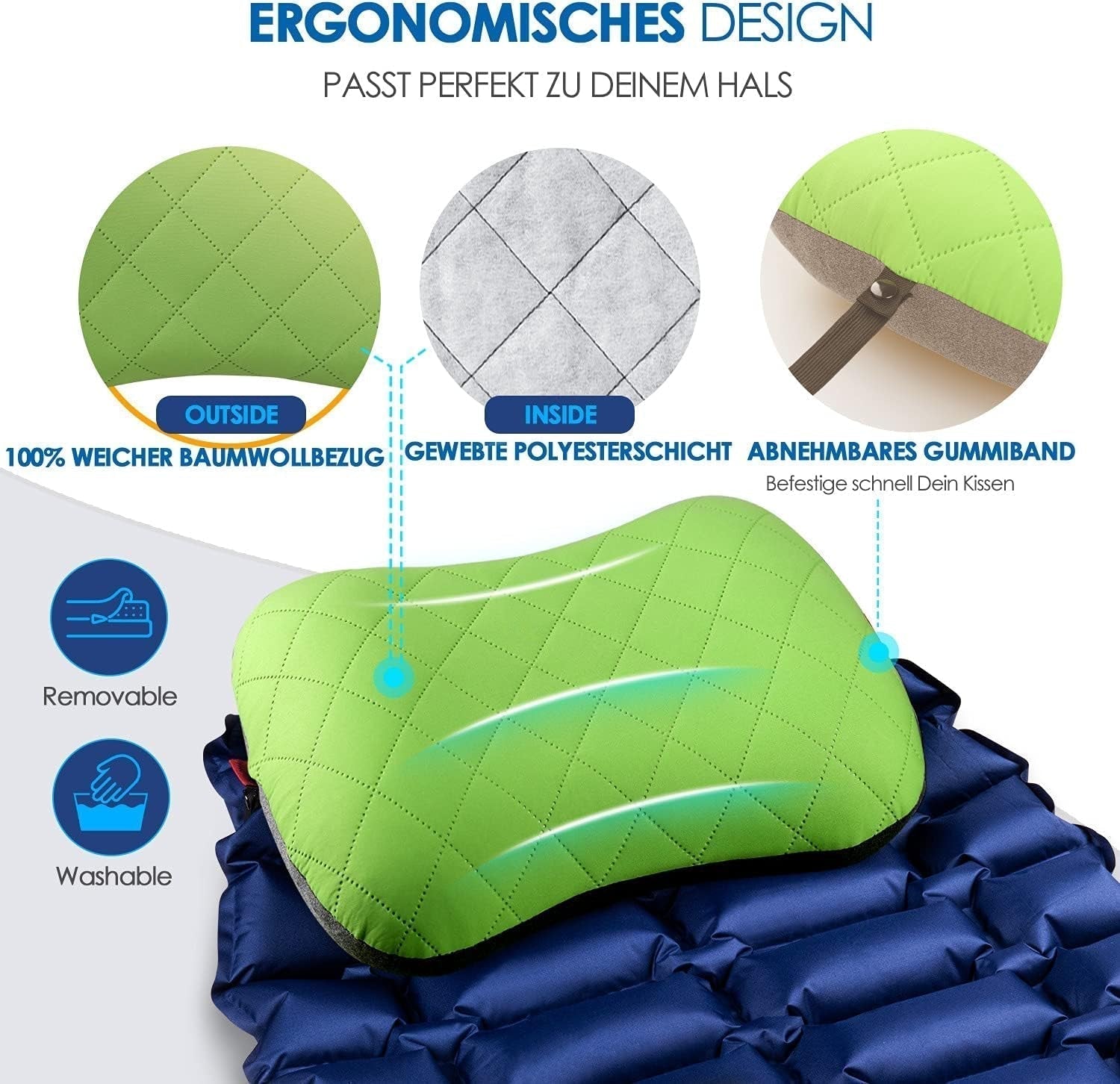HIKENTURE Cuscino gonfiabile da campeggio/viaggio con fodera rimovibile, cuscino ergonomico, comodo cuscino per il collo da viaggio/outdoor, cuscino gonfiabile per il collo da viaggio (verde)... Cuscini ortopedici cervicali Naty Shop