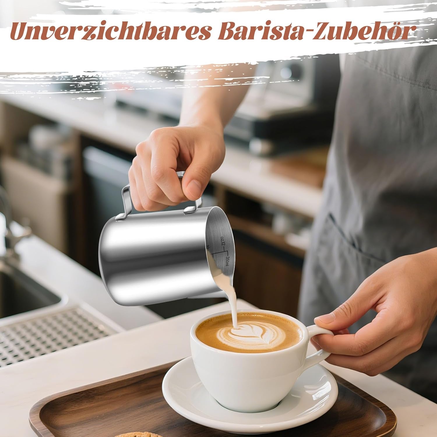Tazza da latte, Tazza da latte in acciaio inossidabile da 350 ml con segno di misurazione, Accessorio Barista, Tazza da latte per cappuccino, Espresso, Latte Art, Amanti del caffè, Argento, 355 ml