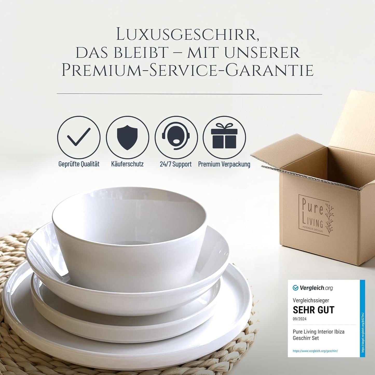 Set di stoviglie in porcellana cristallo da 48 pezzi VINCITORE DEL TEST Set di stoviglie in porcellana trasparente Ciotole e piatti Servizio da tavola per 12 set di stoviglie Pure Living in bianco