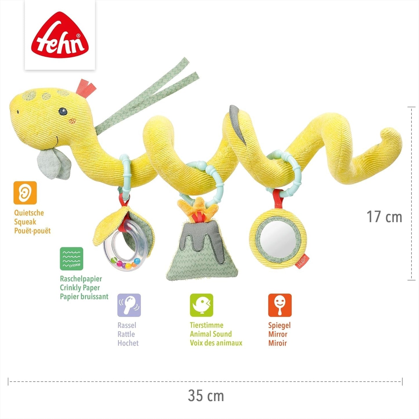 Fehn Activity Spiral Dino - giocattolo per passeggino spingi e tira - dinosauro per lettino, parco giochi, carrozzina e seggiolino auto - gioco di attività motoria per neonati e bambini da 0+ mesi Baby Toys Naty Shop