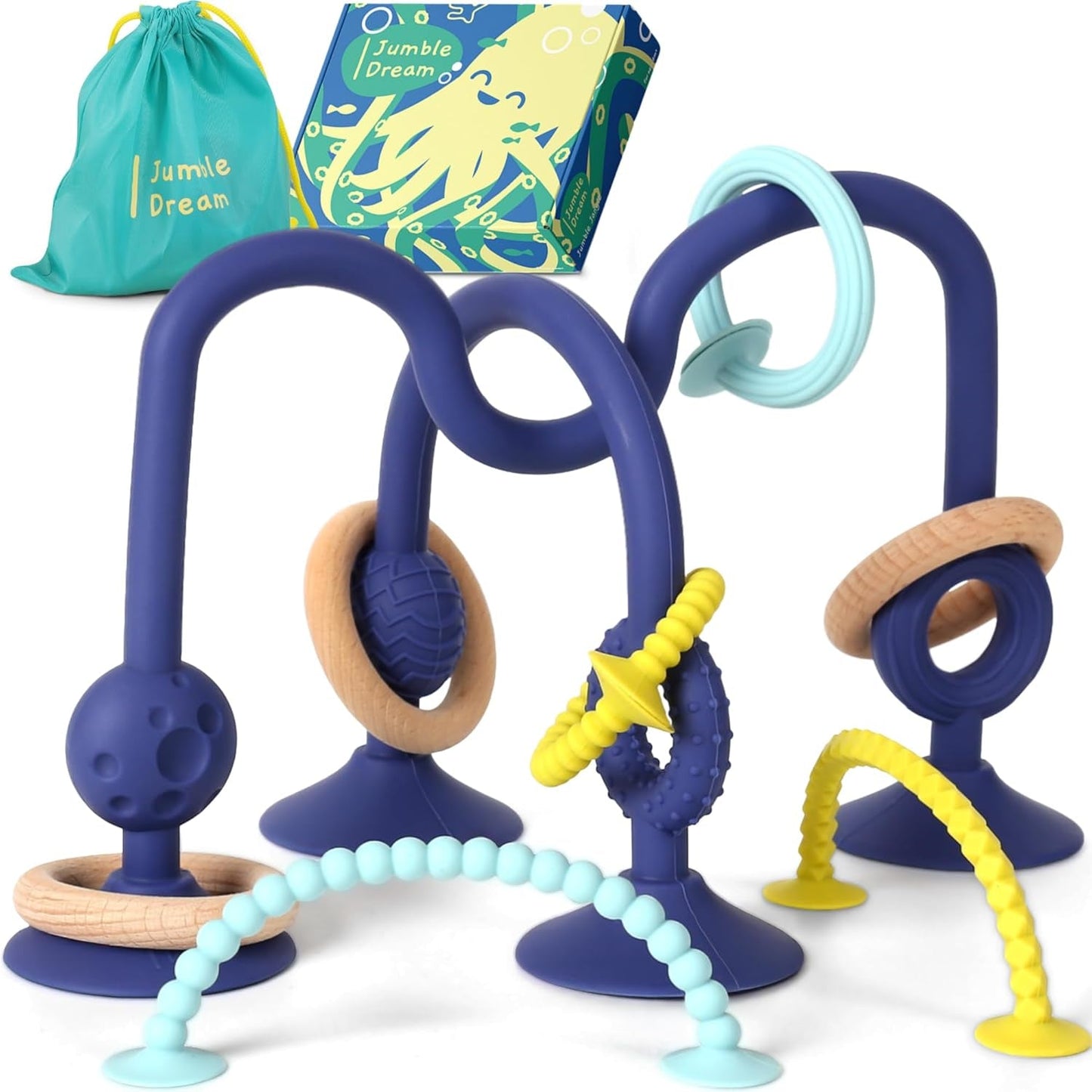 JUMBLE JANGLE Anello per la dentizione del bambino: Giocattolo per la dentizione del bambino 3-24 mesi | Set di 7 giocattoli da masticare senza BPA | Anello da dentizione in silicone rinfrescante | Giocattolo per bambini con ventosa per seggiolone, tavolo e vasca da bagno